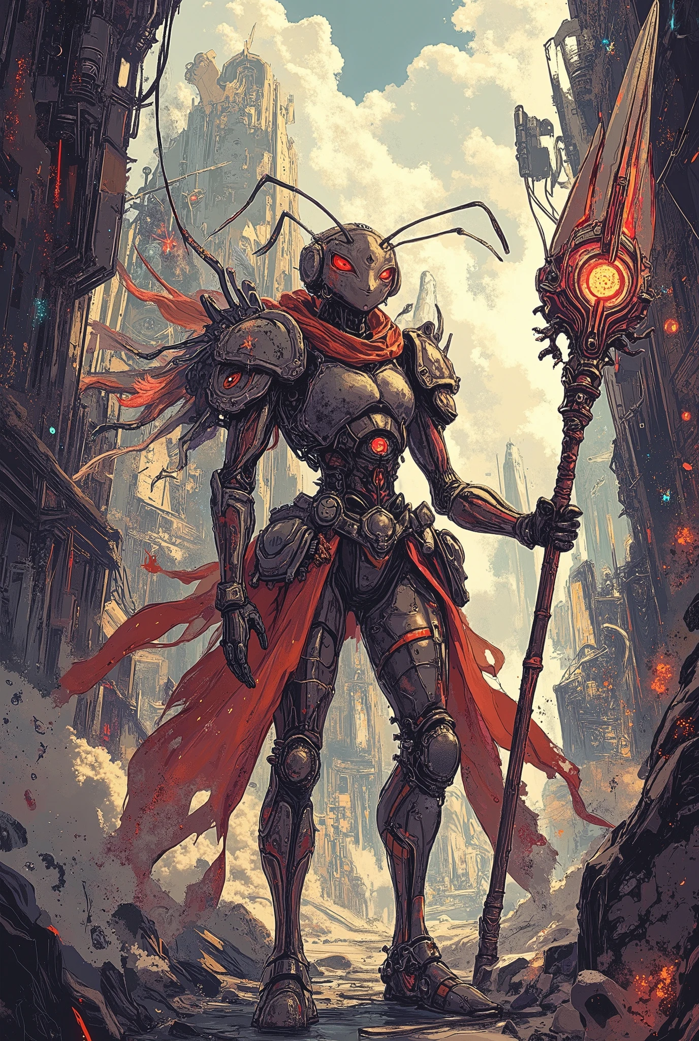 male ant warrior ,fantasy armor, Meisterwerk, Best quality, Super Detail,4k,fliegend, bright light in the background , extremely detailed 8k photo with a very realistic presentation, dramatic lighting, kinematic composition, epic fantasy scene ,Holds a cyber futuristic spear,glowing spear,epic painting ,wallpaper,(old school robot style:1.4)