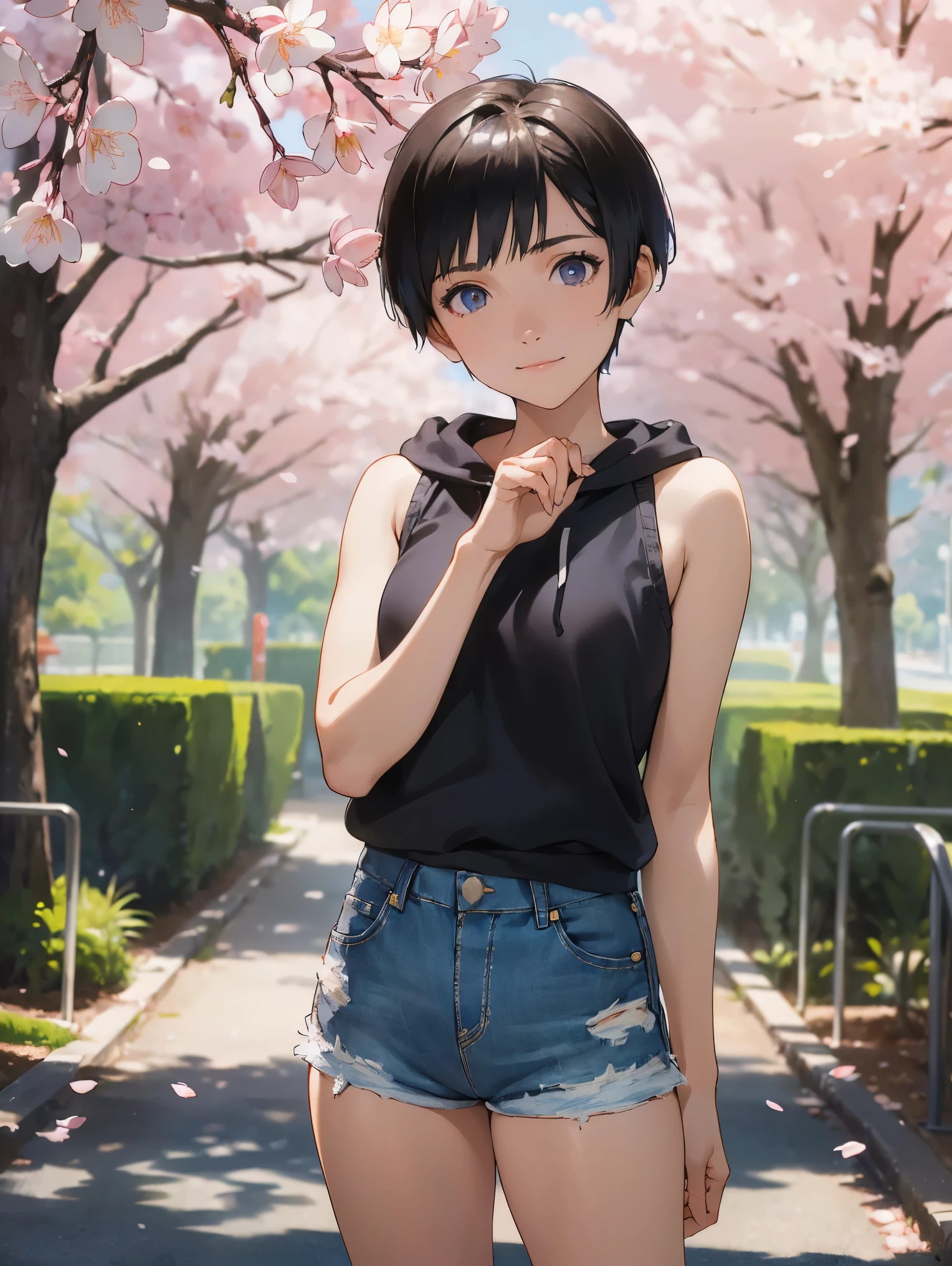 (1 very young boy), cute, (), ((shiny black short hair straight hair)), ((pixie cut)), (large eyes, clear eyes), smile, (white sleeveless hoodie), ((rough textured denim shorts)), standing, looking at viewer, (detailed eyes, detailed hair, detailed face), (full colors, vibrant colors), 8k, (masterpiece), absurd-resolution, ultla highres, (detailed shading), (A park in spring with many cherry blossoms and cherry blossom trees in full bloom),