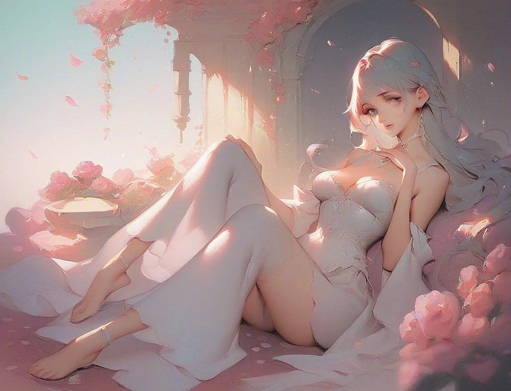 1girl, wearing stylish modern revealing clothing, albino, pink and purple hair , purple rose background, japanese and European, perfect tits, perfect dream face , non revealing , stylish tunic, crouching, seductive , red rose Japanese traditional background , passionate tits rubbing, white skin colour, feather hairstyle, seductive pose, purple colour outfit