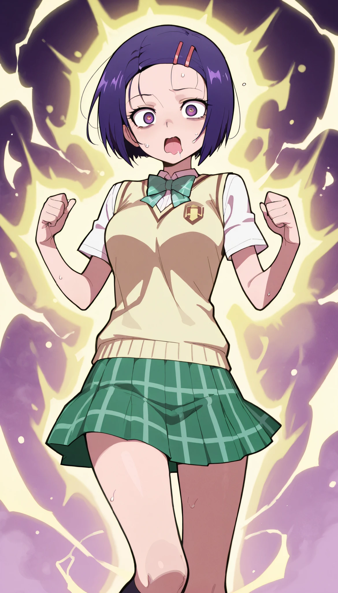 {masterpiece,best quality } { horror_manga_PONY_Lora: night_PONY_Lora }
BREAK
{ Hentamonn_artstyle_LoRA : NSFW }
BREAK
{ haruna sairenji, hair ornament, hairclip, purple eyes, purple hair, short hair, swept bangs, forehead,
green skirt, plaid, plaid skirt, sainan high school uniform, school uniform, skirt, sweater vest, yellow sweater, short sleeves,} { , fit_body : medium breast }
BREAK
{ Alleyway : dark : night :}
BREAK
{ Spirit capture, energy conversion, dynamic yellow aura glow, yellow glow, yellow glowing body)),
{ Spirit_exiting_from_mouth : spirit_extraction : extracting_spirit : spirit_aura : spirit absorb into card } { : surprised : sweating : panic eyes : open mouth : widen eyes : pain pose : : roll eyes : drooling : shock : }