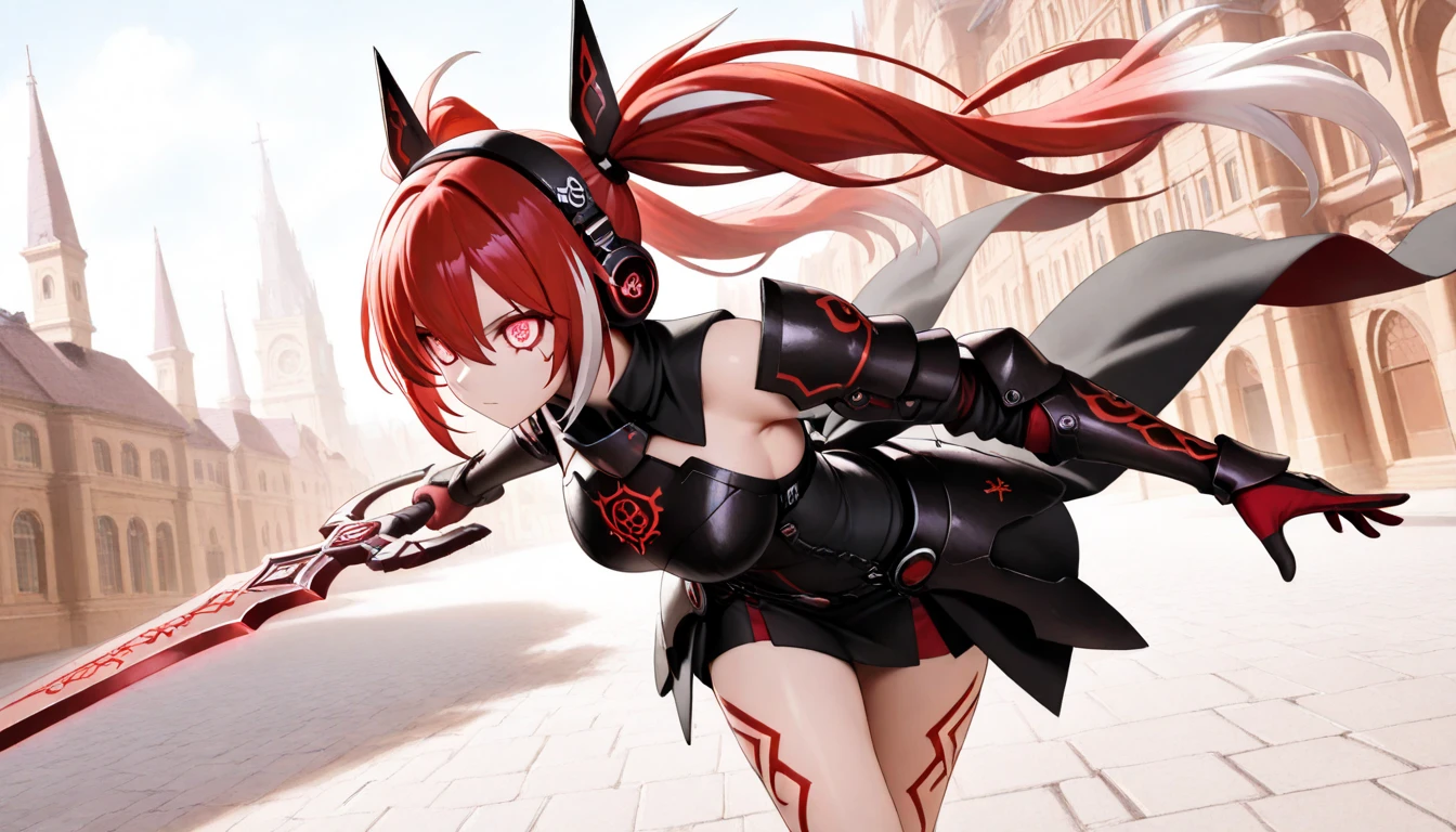 ((masterpiece,best quality)), absurdres, <lora:Valentine_Guilty_Gear:0.8>, side view, red hair, red eyes, smile, valentine (guilty gear), between breasts, black dress, black skirt, black thighhighs, blush, center opening, cleavage cutout, closed mouth, clothing cutout, dress, female focus, full body, green background, guilty gear, guilty gear 2, hair between eyes, hat, headpiece, long sleeves, looking at viewer, medium breasts, medium hair, nail polish, necktie, no bra, red nails, red necktie, short hair, simple background, skirt, skull, standing, thighhighs, white background, yohane shimizu, zettai ryouiki