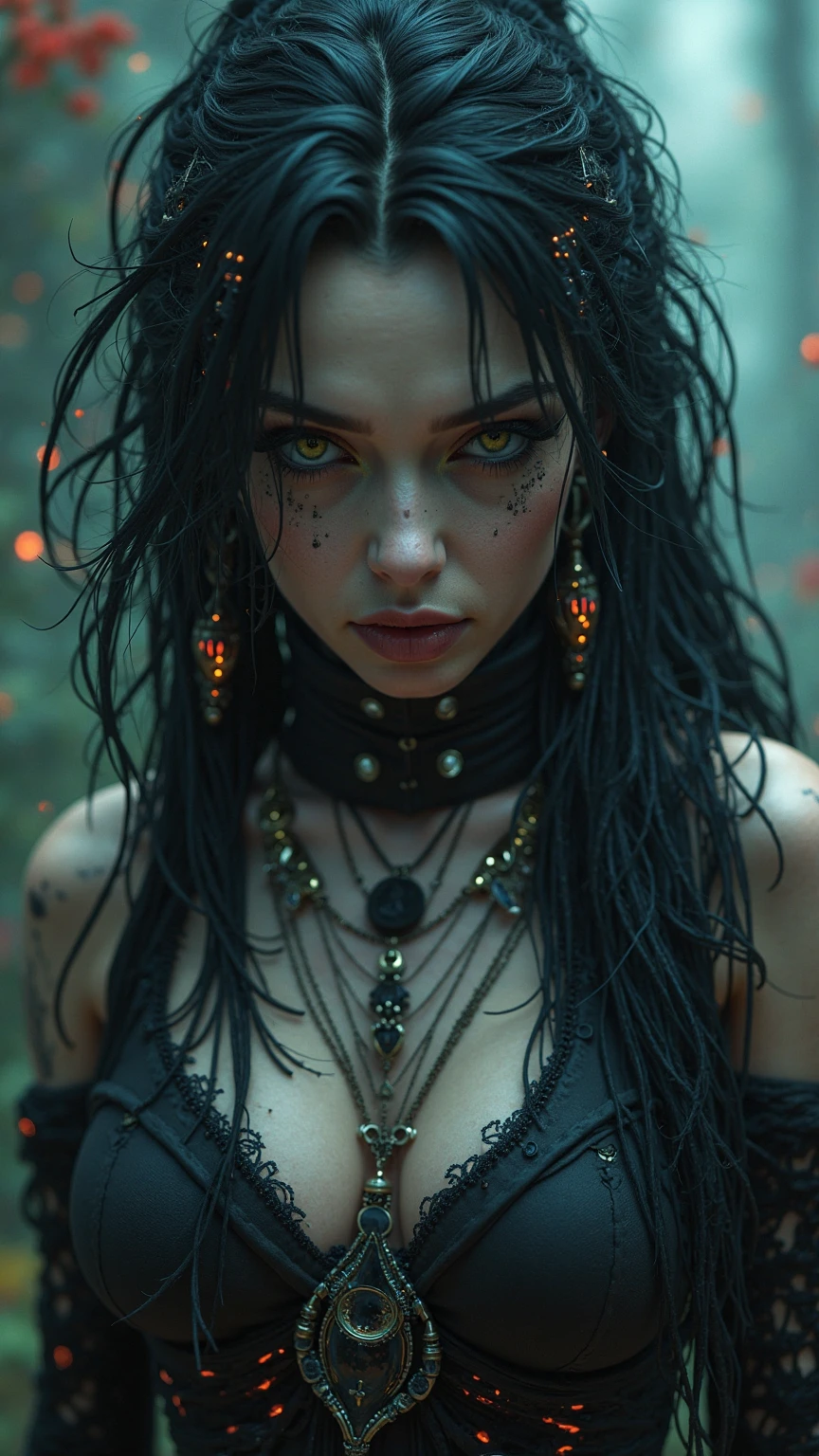a cinematic surrealistic stylized painting of punk female zombie in abandoned overgrown city  LED lights, the ground is a mosaic of grass and water, dreamy, taken on a hasselblad medium format camera, cinemascope, vignette, (subject in center, symmetrical:1.4), dramatic lighting, night time, volumetric lighting, (hazy atmosphere:1.5), green cool light, cold, outside DPM++ 2M SDE Karras
