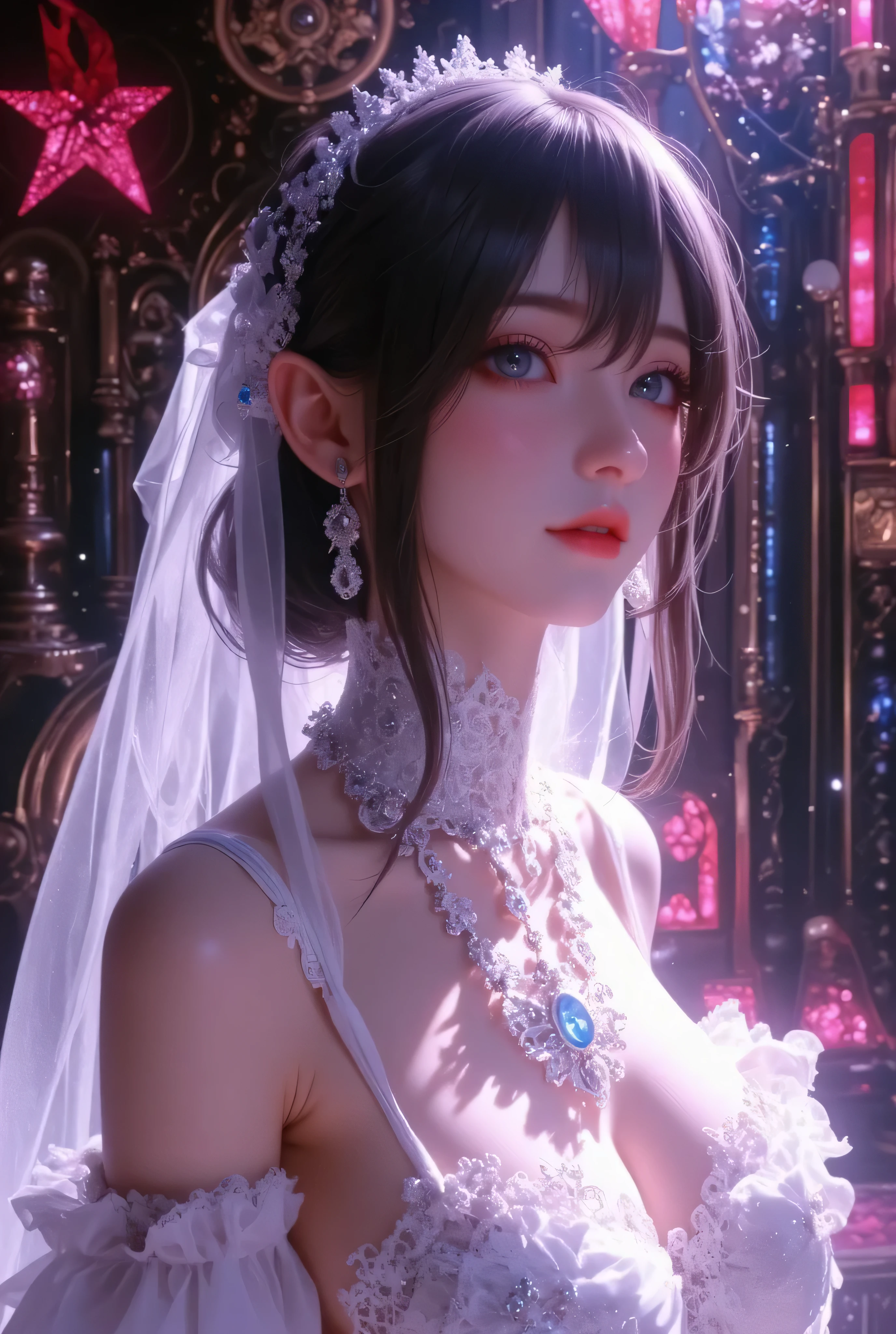 unparalleled masterpiece, ultra realistic 8k CG,masterpiece,pov,(delicate photograph,ultra_detailed,16k,raw photo:1.3),(realistic:1.9,photorealistic:1.9), beautiful detailed eyes,1girl,MILF,solo,full body, detailed luxury room scenery, detailed aristocracy dress, silver wavy hair, slender body, precious hair ornament, d-cup chests,wedding dress, transparent dress,white pantyhose