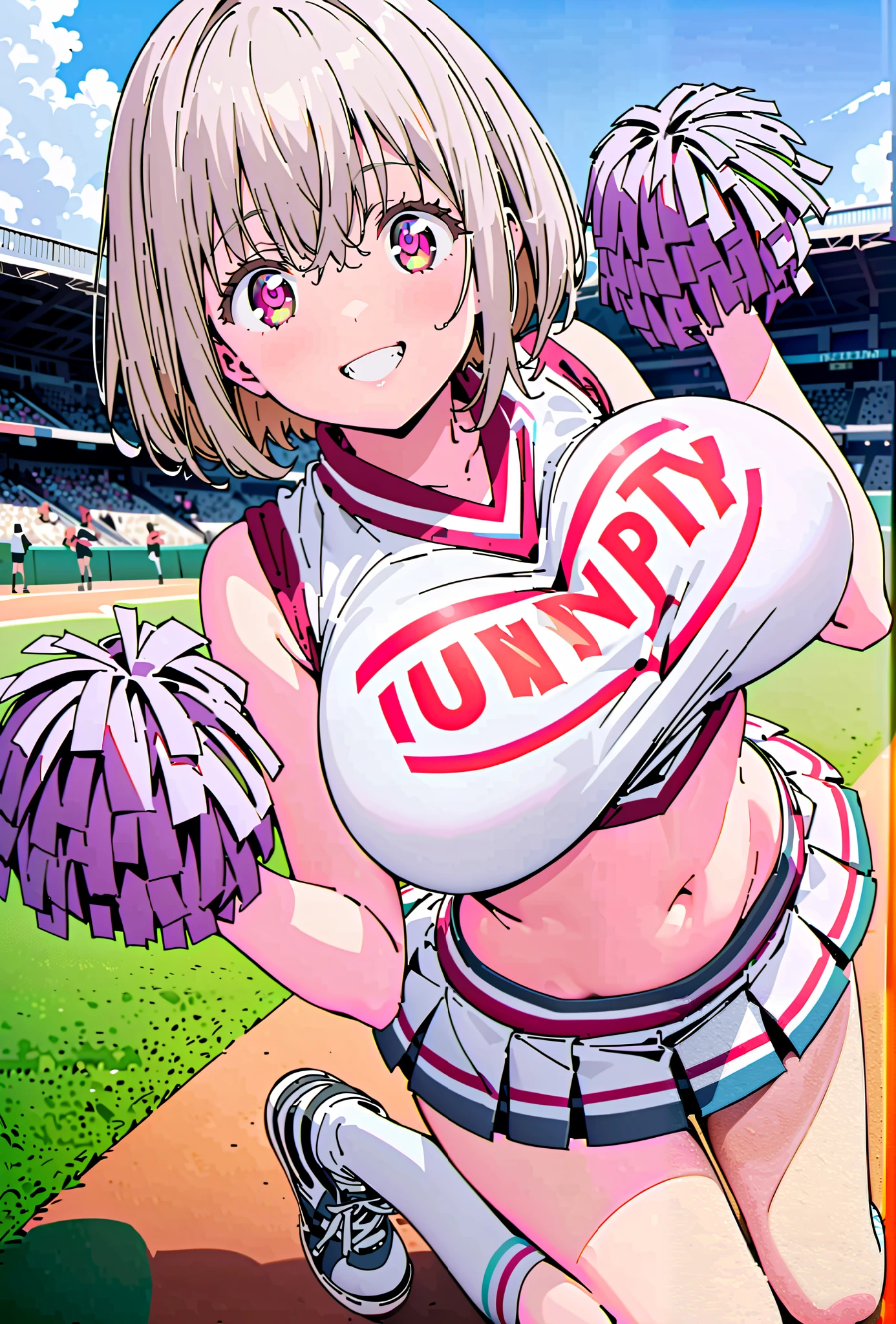 Red root heart ,solo, light purple hair, pink eyes, Glowing Skin,short hair,Big Breasts,smile,cover, grin ,(Cheerleading), (full body), on chest, (sweated), sweated Wet Clothes, (white clothes),sleeveless, pleated skirt,White socks,sneakers with a ladyback letter, stomach button support , playground, (jump), (jump), 両足を曲げてjumpする,, blue sky, Compa,cheerleader, Pom-pom \(Cheerleading\) real hair ornaments,break outdoors,Stadium,
break looking at viewer,full body,
break (masterpiece:1.2), Top Quality, high resolution, Unity 8k 壁紙, (illustrations:0.8), (beautiful detailed eyes:1.6), very detailed face, so that it fits into the illustration, extremely detailed CG, full body写真,(perfect hand, perfect anatomy),