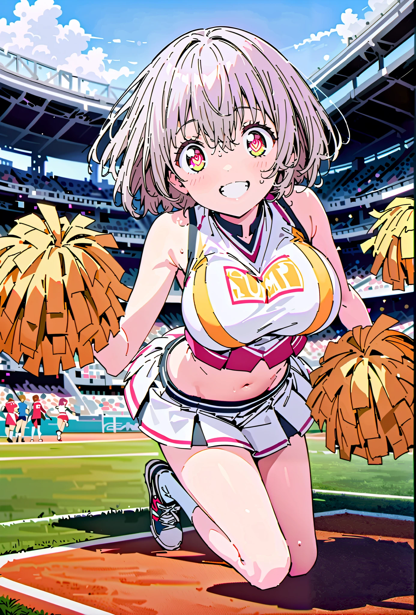 Red root heart ,solo, light purple hair, pink eyes, Glowing Skin,short hair,Big Breasts,smile,cover, grin ,(Cheerleading), (full body), on chest, (sweated), sweated Wet Clothes, (white clothes),sleeveless, pleated skirt,White socks,sneakers with a ladyback letter, stomach button support , playground, (jump), (jump), 両足を曲げてjumpする,, blue sky, Compa,cheerleader, Pom-pom \(Cheerleading\) real hair ornaments,break outdoors,Stadium,
break looking at viewer,full body,
break (masterpiece:1.2), Top Quality, high resolution, Unity 8k 壁紙, (illustrations:0.8), (beautiful detailed eyes:1.6), very detailed face, so that it fits into the illustration, extremely detailed CG, full body写真,(perfect hand, perfect anatomy),