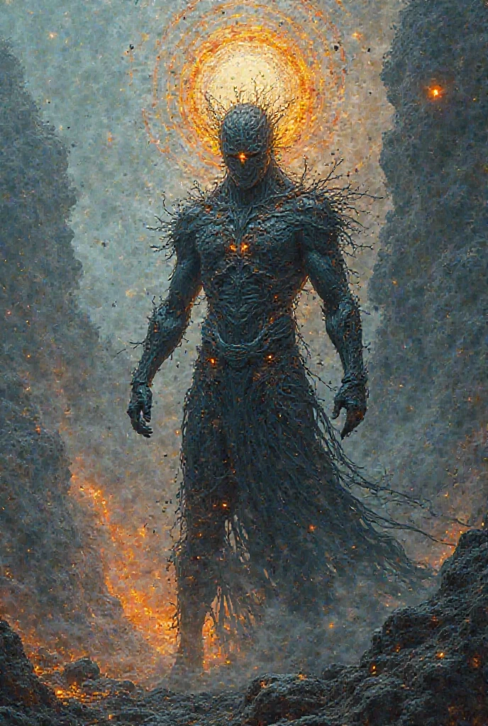 A towering, skeletal figure stands over 20 feet tall, its bony frame wreathed in flickering, ethereal flames. Its elongated, misshapen skull has hollow, sunken eye sockets that seem to pierce the soul. Wisps of smoke curl from between its exposed, jagged teeth. Massive, clawed hands tipped with razor-sharp phalanges hang at its sides, radiating intense heat. As it moves, the ground trembles beneath its thunderous steps, leaving a trail of smoldering destruction in its wake.