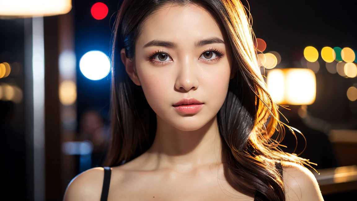 masterpiece, (front focus), surrealist female portrait, fantasy art, realism, dynamic lighting, art station, poster, volumetric lighting, highly detailed face, black and fluffy eyes, shiny pupils,4K, award-winning, 1 girl, understated,halfbody shot, (official attire: 1.4,pink lace pajamas), street light, dark brown hair,