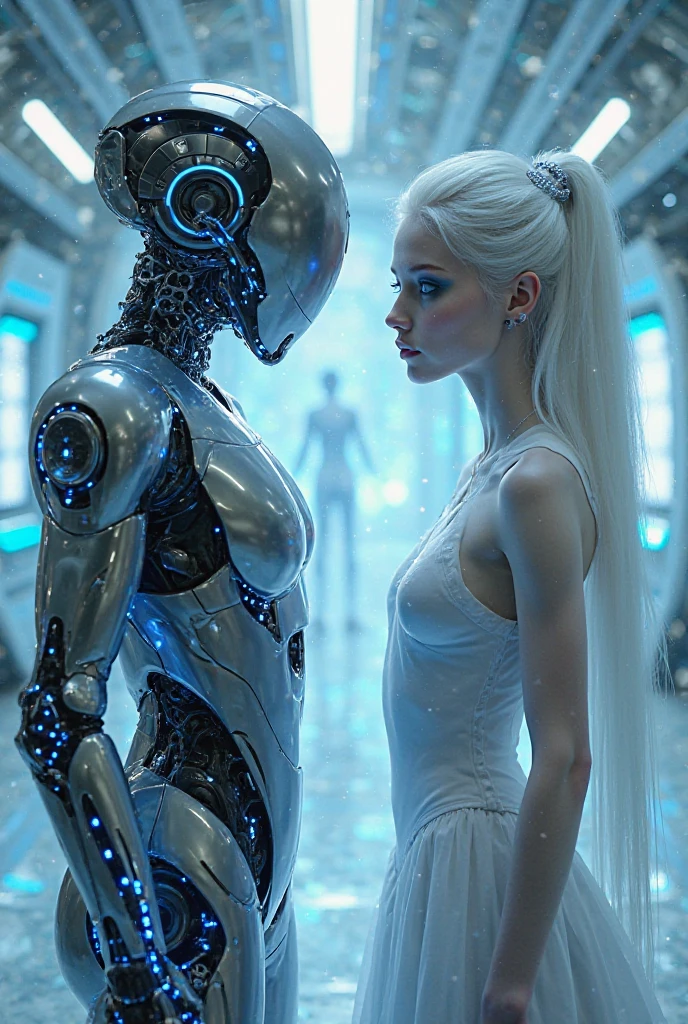 araffes in a white dress and a woman in a pink dress, movie still of a villain cyborg, gaia human and digital, ivory skin, charlize, japanese cgi, white grey blue color palette, bjork, pink lotus queen, open jacket, by james christensen, gloss --ar 16:9 --auto --s2