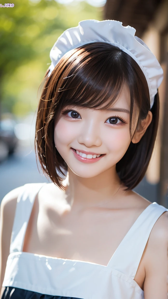 shoot from below,One person,Face in perfect proportions, Balanced Eyes, double eyelid,Japanese,young girl, Innocent face, smiling,,Beautiful nose, Lip gloss,shoot from front,look at a viewer,shorthair with bangs,((open shirt over topless)),daytime