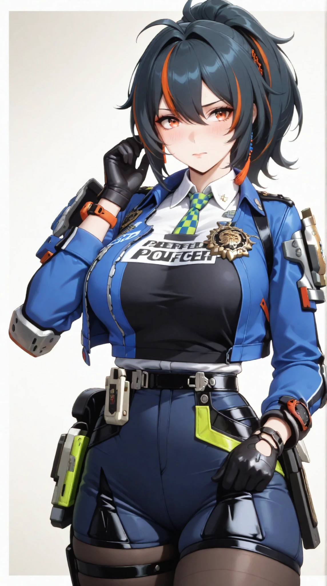 masterpiece, extremely detailed,perfect skin texture,4k,solo,1girl ,zhu yuan,ambarassed,stand up,sexy pose,ponytail streaked hair,blush,police uniform, blue jacket, cropped jacket, long sleeves, black vest, two-tone vest, black gloves, green necktie, plaid necktie,short cargo hot pants,white tshirt,mature,sexy legs,perfect body,large breasts,high detailed, best quality, upper body, photography,cowboy shot,((white plain background))