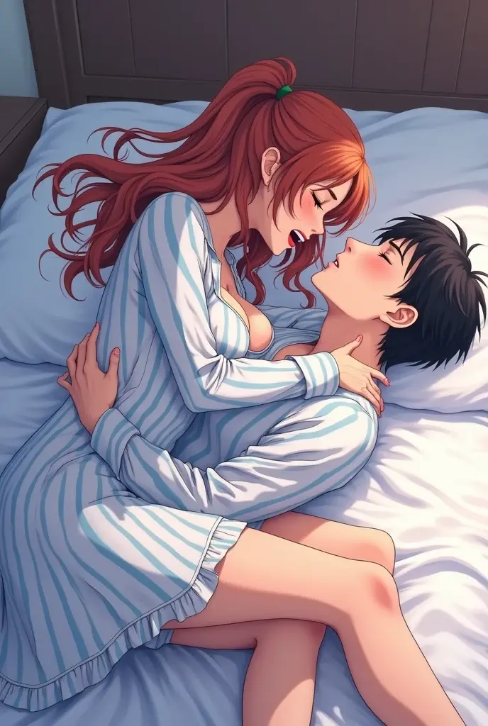 Anime Girl with a big ass putting her hand om her
butt and sitting on the man she is kissing while wearig no underwear and you can see her anus