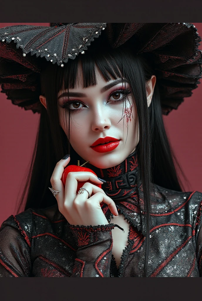 masterpiece, best quality, 1 girl, solo, detailed eyes, rokao, samurai jack, ashi_(samurai_jack), black eyes, black hair, body painting, collarbones, look at the viewer, medium breasts, painted clothes, black street background with red lanterns, black bodysuit, bushy eyebrows, bangs,