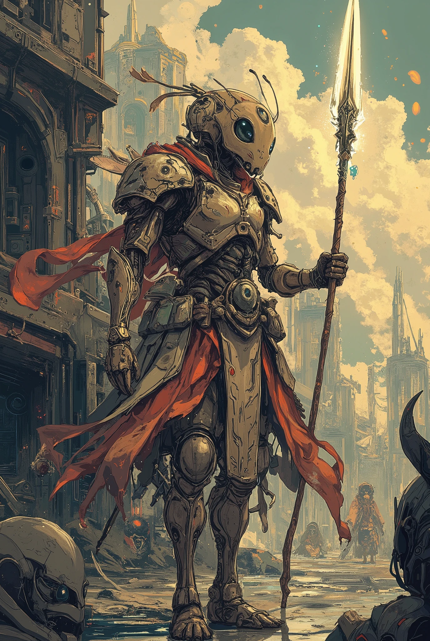 male ant warrior ,fantasy armor, Meisterwerk, Best quality, Super Detail,4k,fliegend, bright light in the background , extremely detailed 8k photo with a very realistic presentation, dramatic lighting, kinematic composition, epic fantasy scene ,Holds a cyber futuristic spear,glowing spear,epic painting ,wallpaper,(old school robot style:1.4)