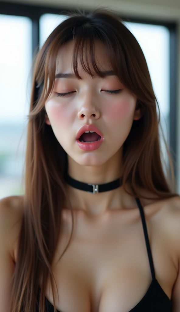 HD Details, full body close-up of a completely naked woman on all fours in bed, Long brown hair with red eyes, a wolf tail and wolf ears on his head, with her tongue out and a collar around her neck getting fucked
