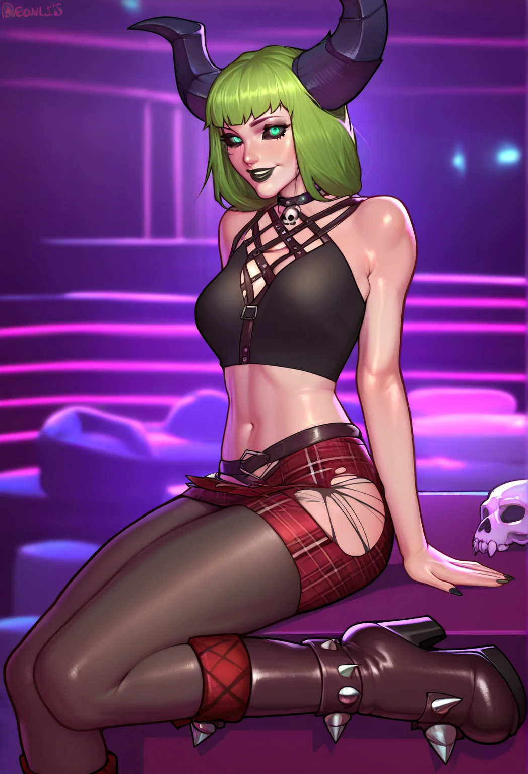 score_9, score_8_up, score_7_up,   <lora:EPpkJennyPony:1> eppkjenny, black leather jacket, long hair, black hair, fishnets, ponytail, black leather skirt, black lips, pentagram necklace, grin, looking at viewer, sitting on couch, in living room,