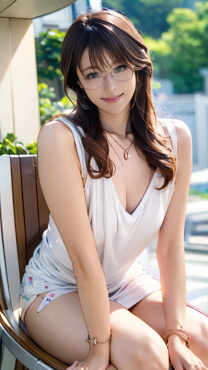 Highest quality、masterpiece、High sensitivity、High resolution、Detailed Description、Slender women、Glasses、Summer clothes、With a smile、punch、Pause、