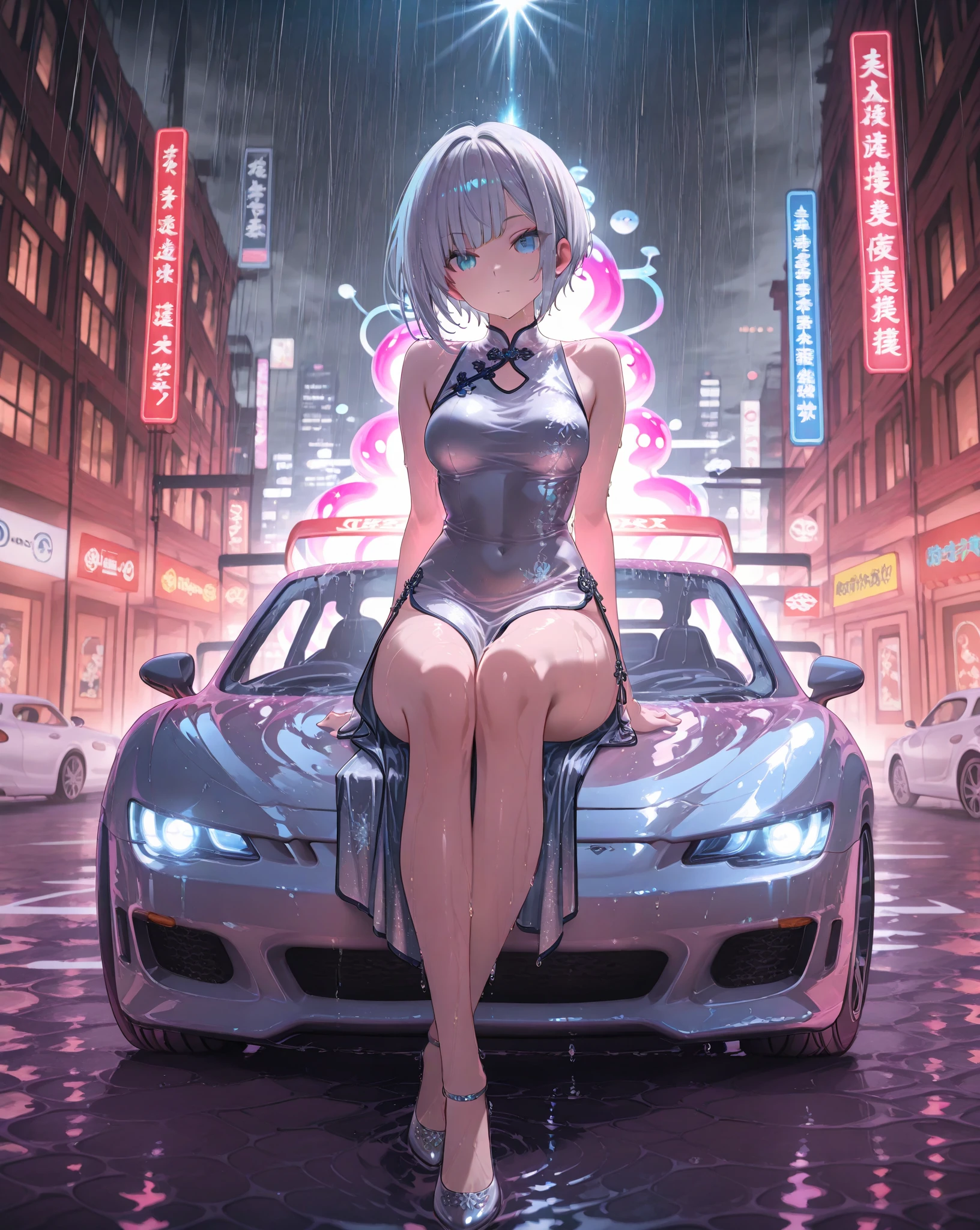 A girl looking at a puddle without an umbrella in the rain,Cat ear,night,
