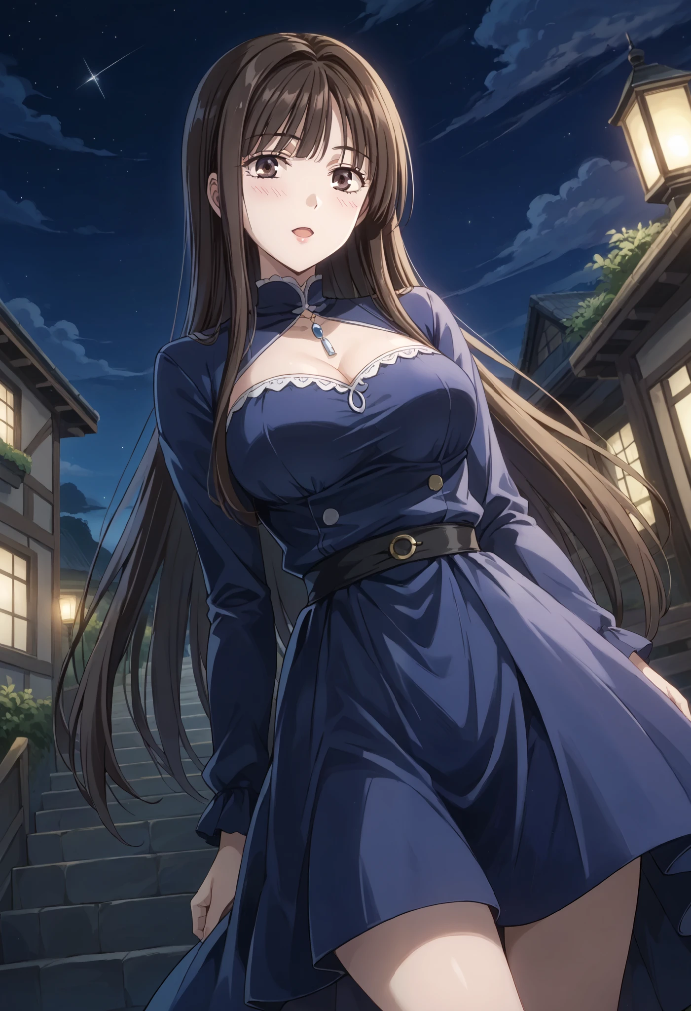Mako Sato (Initial D　)、dark blue dress、((Close-up))、(Top angle)、(medium breasts)、The Valley of the Chest、I'm ashamed、cover、Outdoors、Ulchan-6500-v1.1, ( RAW photos :1.2), beautiful detailed, very detailed目 美しい目, beautiful eyes、Brown Eyes 、 file size is large, high resolution, very detailed, Top Quality, [masterpiece:1.6], Awareness-raising, very detailed, CG, finely, Top Quality, 8K wallpaper, perfect body shape、Dynamic、very detailed、long hair、black hair、thigh