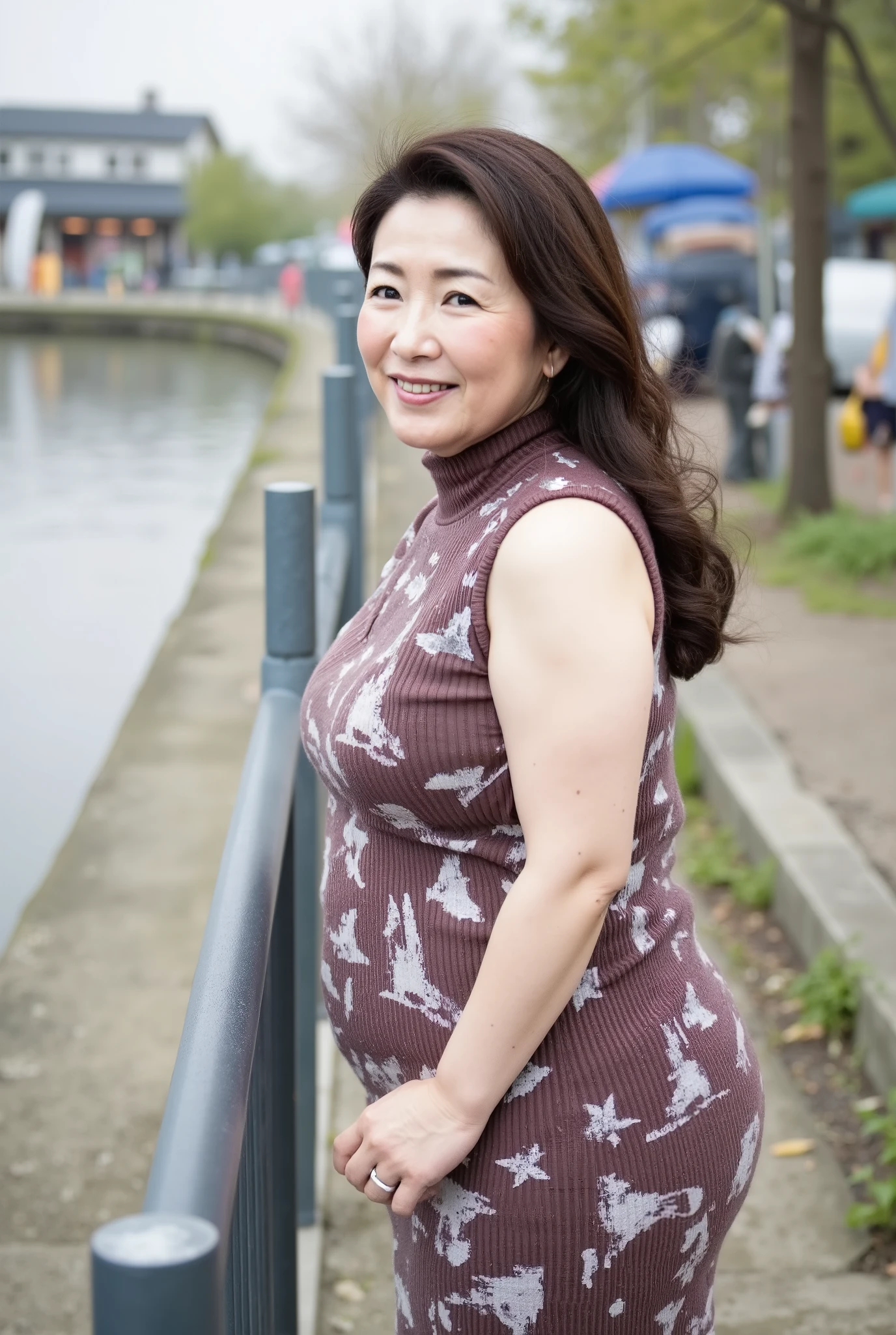 丰满The background of the 46-year-old 东北阿姨在初春的江边。Leaning on a riverside railing, the surface of the river ,House in the distance,Building, Living Area ,Shops,passing vehicles,pedestrian。full body portrait,Organic Photography、 best quality 、 masterpiece、。The background of the 46-year-old 、plump and obese body、 with an elegant face , has fine wrinkles around the corners of her eyes 、 Lovely smile 、 Wearing a sleeveless turtleneck sweater,There is a big(crazy bunny)pattern ,Pencil Skirt,curls、fair skin,real skin texture, thick body , Flat Stomach ,Big Guy, Big Guy,blurry background