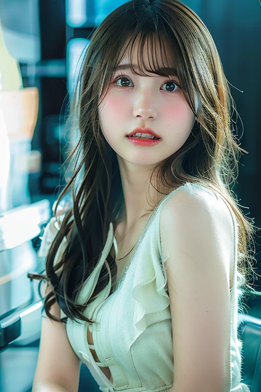 Beautiful Japanese Waifu, early 30s, brunette hair, slightly drunk, sitting in a busy bar