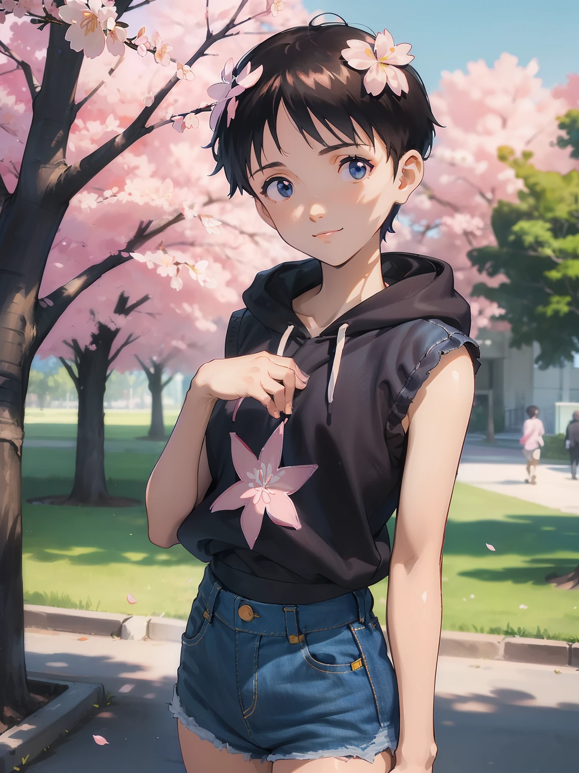 (1 very young boy), cute, handsome, (shiny black short hair straight hair), ((pixie cut)), (large eyes, clear eyes), smile, (flat chest), (white sleeveless hoodie), ((rough textured dark denim shorts)), standing, looking at viewer, (very detailed eyes), (detailed hair), (detailed face), (colorful), 8k, (masterpiece), absurd-resolution, ultla highres, (detailed shading), (A park in spring with many cherry blossoms and cherry blossom trees in full bloom),