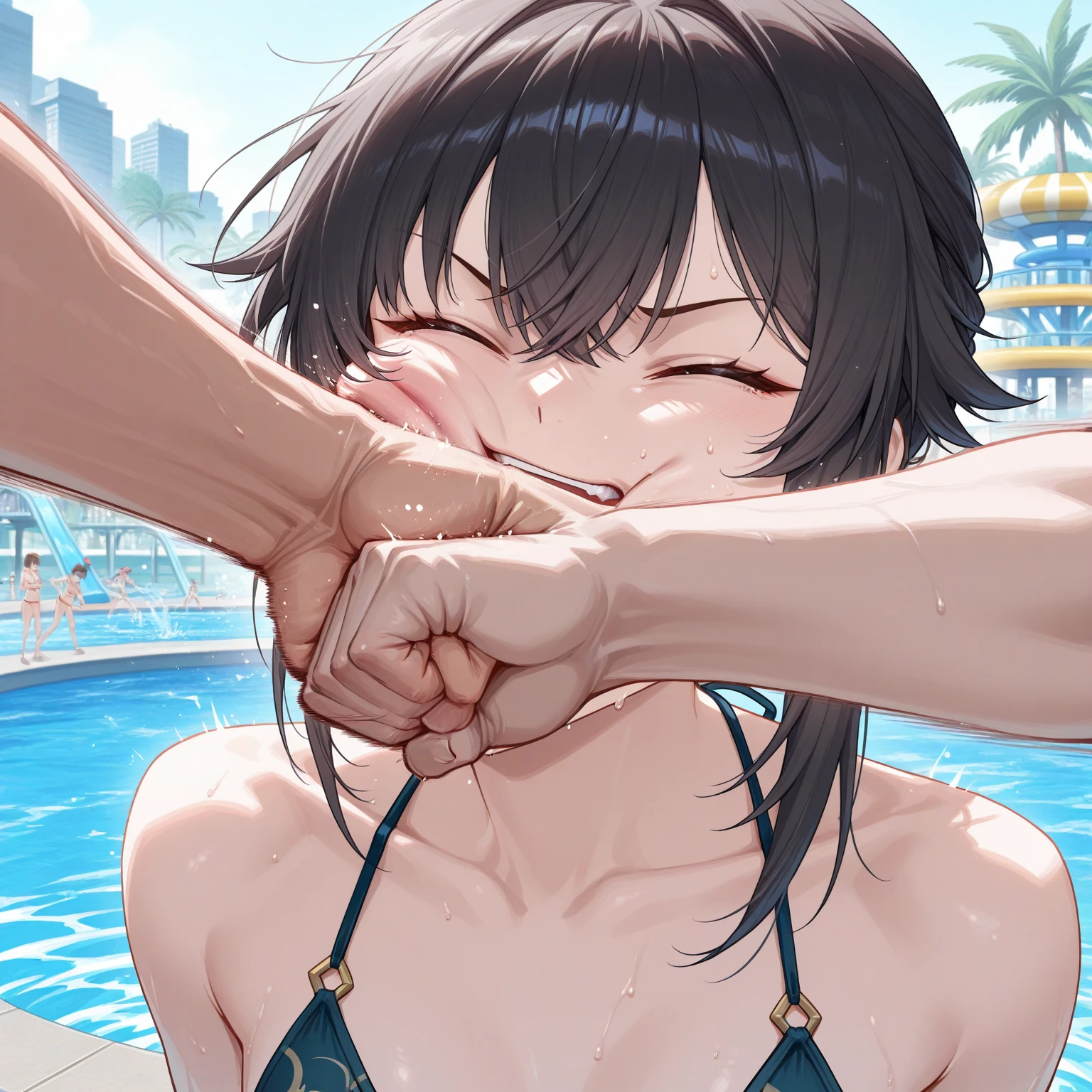 (Masterpiece, Top quality: 1.5), nsfw, (large breasts:1.3), ( nude, bared, naked:1.4), standard weight, ( brown hair:1.4), (airy hair, wavy hair:1.3), long hair ,asymmetry bangs, swept bangs,13 year old, angry, (flustered:1.3), sexual climax:1.3, open mouth, beautiful scene of beachside , dynamic pose, (wet:1.3),(1boy and 1girl are having sex:1.3), a boy is with black hair, (cum:1.3), (pubic hair:1.2), closed eyes