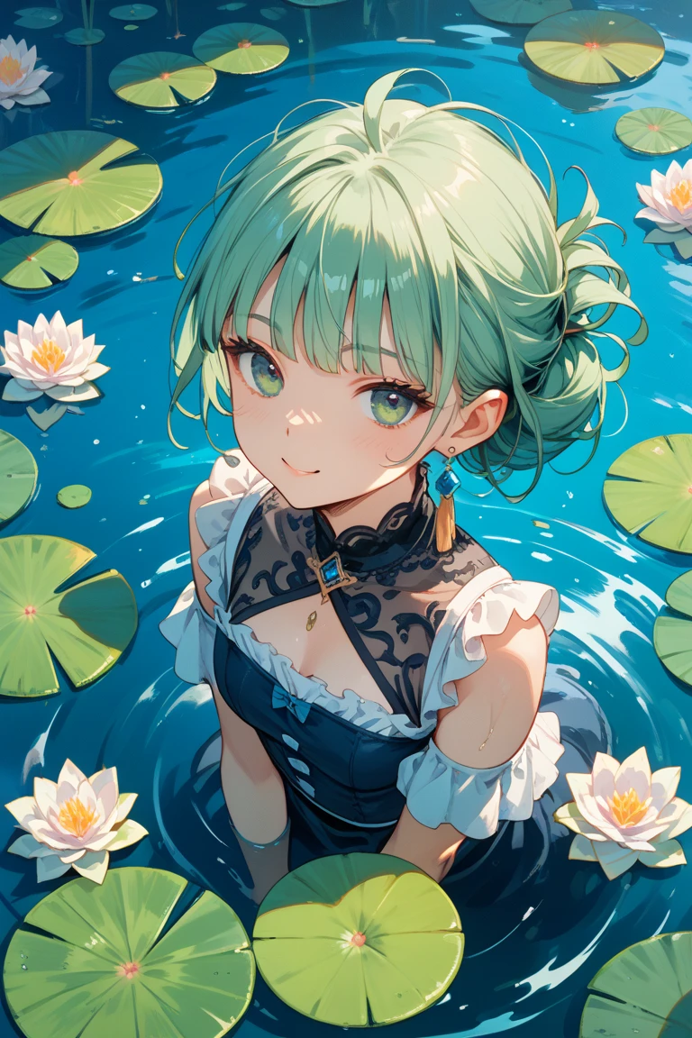 1 cute girl , upper body, portrait,from side, pond , water lily flowers, cinematic angle, cinematic lighting, ((oil painting)), picture frame, ((masterpiece)), ((best quality)), ((ultra-detailed)), (illustration), ((an extremely delicate and beautiful))