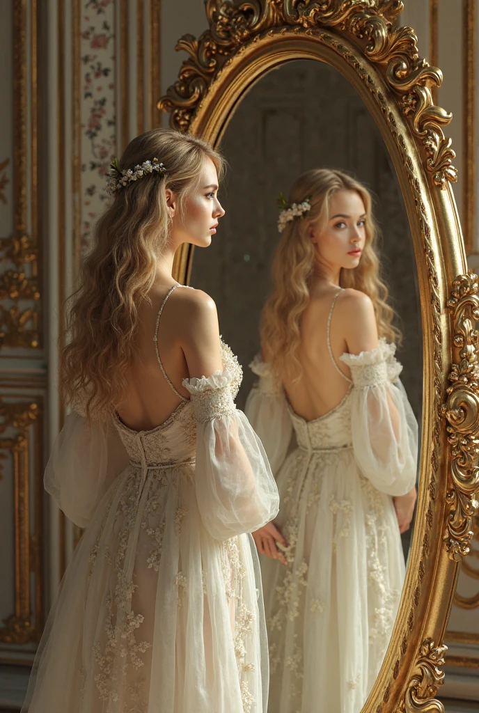 She creates outfits like a medieval peasant who looked in a mirror and dressed himself., Her reflection in the mirror, The blonde princess is wearing a mist-like dress...