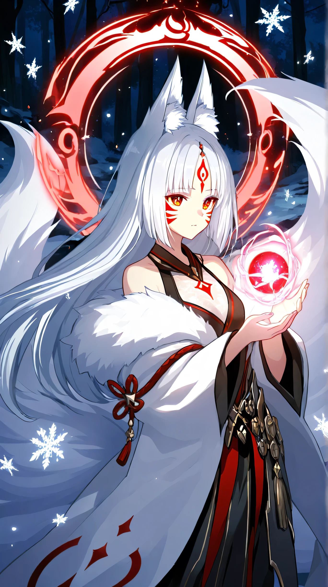 A mystical silver-haired fox spirit (kitsune) woman standing in a snowy enchanted forest at night. She has long flowing white hair, sharp fox ears, nine large fluffy white tails, and glowing red markings on her cheeks. She wears an elegant red and black fantasy outfit with gold details, featuring flowing sleeves and intricate ornaments. She holds a glowing magical orb that radiates soft ethereal light, illuminating the falling snowflakes and surrounding darkness. The scene is detailed, ultra-HD, cinematic lighting, and fantasy anime aesthetic.