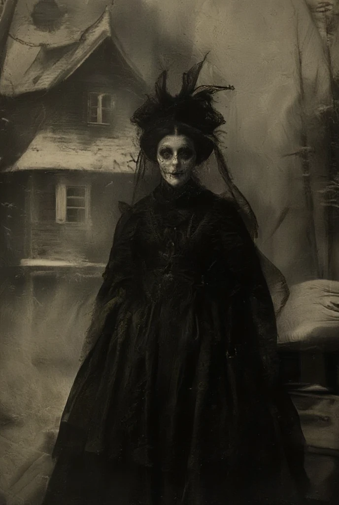 Haunted cursed tales from the underworld, (Ancient mysterious and sinister shadows of the lens), vintage, gritty Victorian gothic noir horror aesthetic. Presenting: paranormal spooky photograph of (The woman in black, wearing weathered black lace), ominous eyes, harrowing stare, obscured, (haunted photographs)++,moody and macabre, a grim gothic old Victorian setting, in this macabre photograph the creepy but beautiful ghostly woman in standing in a snow covered and desolate field with a strange suitcase next to her, full body length, clear and clean perspective, poetic framing, epic detailed composition,(a grim, looking witch cottage stands alone in the background), inspired by Penny Dreadful, it creates an unnerving and playfully nightmarish overtone), vintage avant garde gothic horror, (moody and atmospheric), (dramatic high contrast), balaced yet creepy fog and volumetric light and intricate details, enigmatic and fantastical folkfore, lush textures and gritty shadows and vivid crisp highlights, sublime and dark surreal and spooky, eerie and esoteric photography, eerie monochromatic, muted, hazy, dusty, grunge texture overlay, dark gothic occult art, spooky grim noir+, darkly feverish and (dreadfully dreamy), photorealistic phantasmagoric.