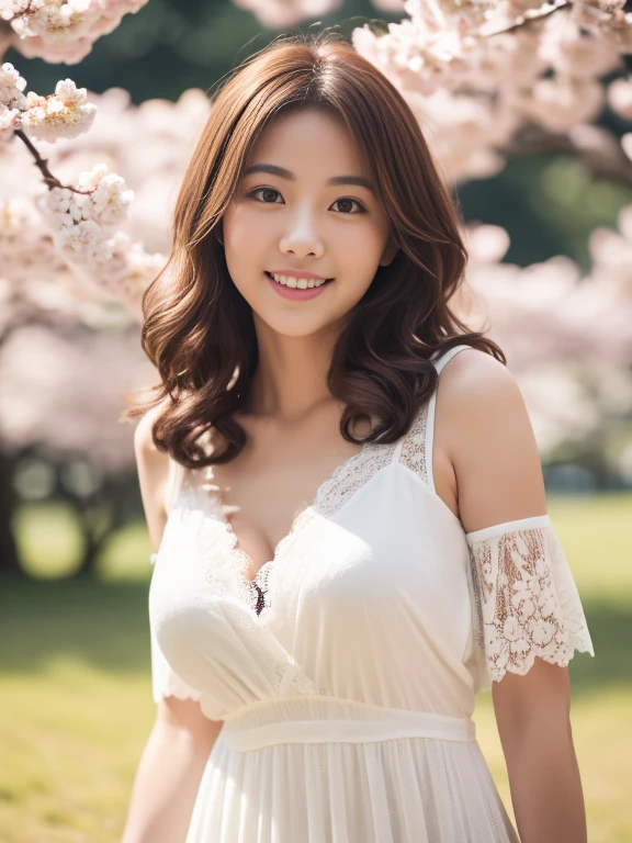 highest quality、８K、masterpiece、super high quality、whole photo、cute２３japanese women、brown hair、short hair、deep brown eyes、double eyelid、fine eyes、fine skin、最高にcute笑顔、my breasts are so big、thin and long beautiful legs、white blouse、mini skirt、Pose that emphasizes the chest、sit on a bench、cleavage、Spring park where cherry blossoms bloom、