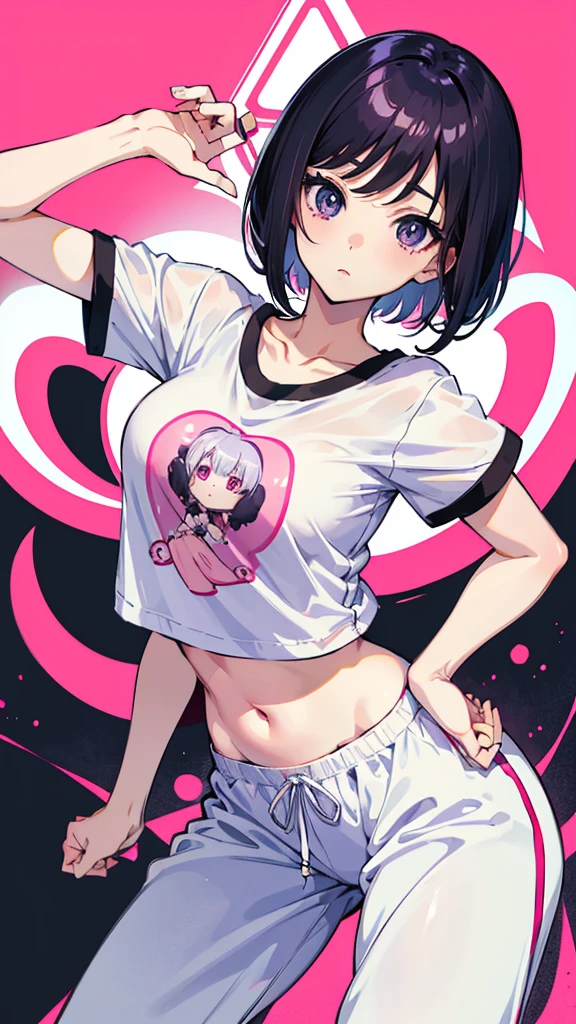 ((8K resolution))、((highest quality))、((masterpiece))、((Super detailed))((((dramatic))), (anatomically correct)、one woman、28 years old,thin,very short hair,pixie cut ,black hair, jagged teeth、double teeth、mouth is slightly open、blushed、half closed eyes,thin bear、small breasts、small nipples、white t-shirt、No underwear、tattoo、navel piercing、pubic hair,pussy,(theme、whole body)、Bedroom,on the bed, liar,behind,