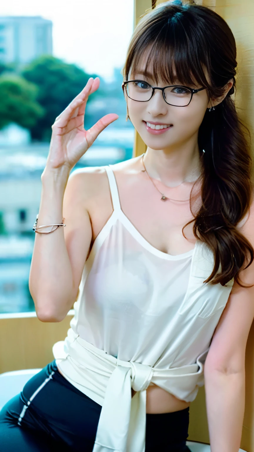 Two people, wavy hair，One is a woman，One is a man, in office, HD, Ikuo Hirayama, Yoshitomo Nara, Woman wears glasses，Men are fat，on the table, Zhongshan Zheng, smiling, necklace，earrings，man is very old，pretty face,，woman has huge breasts