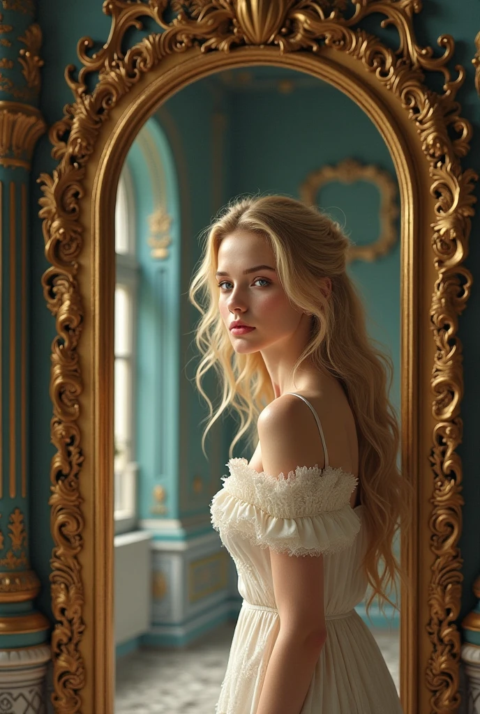 "Novel cover with a simple scene: In the middle, A young girl with blonde hair and blue eyes is sitting on a luxurious bed, With a shocked expression. The background shows an elegant room with rich decoration and warm colors., in contrast to a small reflection in a mirror showing a dark and messy room. The title of the novel is at the top."