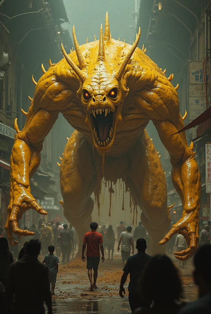 Create a living mutant arepa, eating humans, Now comes a giant human who fights with the arepa