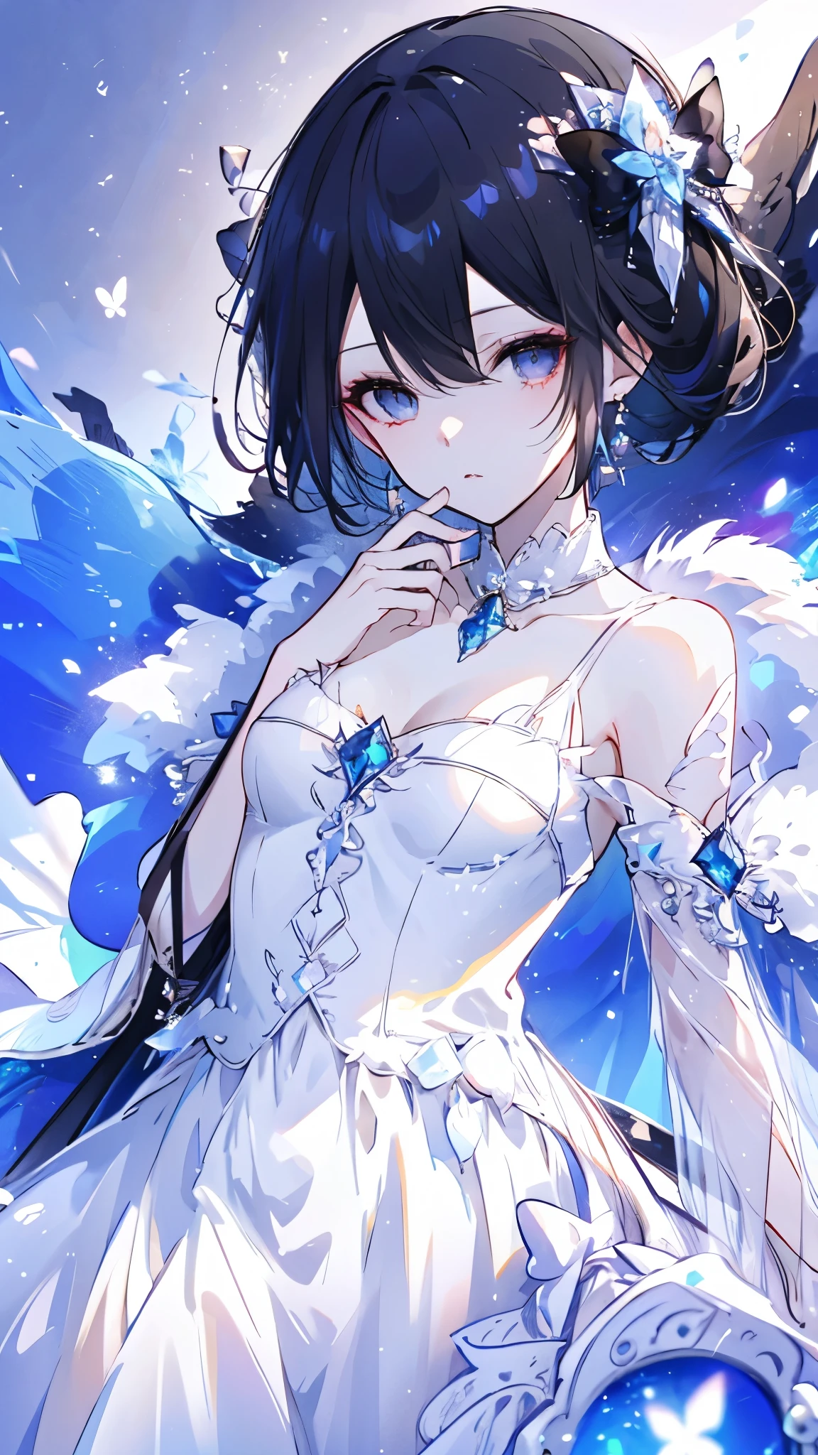masterpiece,very aware,highres,absurdres,newest,best quality,high quality,loli,petite,chromatic_aberration, //, 1girl,solo,long hair,dress,looking at viewer,white eyes,glass,grey eyes,white dress,black hair,broken glass,flower,white theme,bare shoulders,blue theme,dress flower,glass shards,white flower,reaching,reaching towards viewer,water,parted lips,closed mouth,sleeveless,reflection,sleeveless dress,white rose,watermark,expressionless,black_background,small_breasts,cleavage, //, year_2023,year_2024,nasii:0.4),(toosaka asagi:0.4),(atdan:0.4),(iumu:0.72),(wlop:0.72),96YOTTEA,Konya Karasue,omone_hokoma_agm, //, official art,depth of field,detailed light,blurry background,best shadow,shiny skin,cinematic lighting,ray tracing, amazing quality,very aesthetic,absurdres,beast quality,ultra detailed,newest,8K,HDR,女桐人