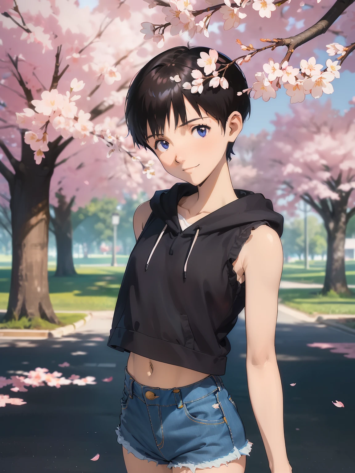 ((Shinji Ikari)), (1 very young boy), cute, handsome, (shiny black short hair straight hair), ((pixie cut)), (large eyes, clear eyes), smile, (flat chest), (white sleeveless hoodie), ((rough textured dark denim shorts)), standing, looking at viewer, (very detailed eyes), (detailed hair), (detailed face), (colorful), 8k, (masterpiece), absurd-resolution, ultla highres, (detailed shading), (A park in spring with many cherry blossoms and cherry blossom trees in full bloom),