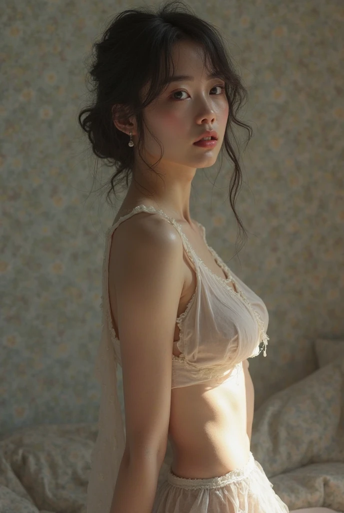 a beautiful woman and bound with ropes, detailed facial features, symmetrical eyes, hands tied with ropes, feet together, bright indoor setting, sleeveless dress, white panties visible, sitting, 20 years old, average build, photorealistic, (best quality,4k,8k,highres,masterpiece:1.2),ultra-detailed,(realistic,photorealistic,photo-realistic:1.37),high quality,intricate details,cinematic lighting,vivid colors