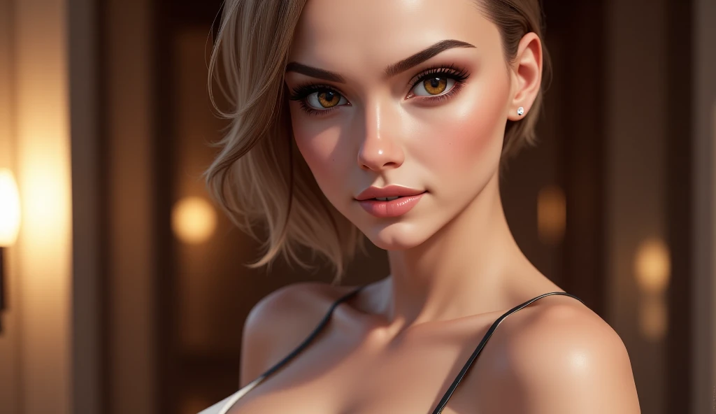 (8k, 4k, best quality, highres, ultra high res:1.1), (masterpiece, realistic, photo-realistic:1.1), 1girl, close up, very short brown hair, big boobs, white skin, yellow bikini, green eyes, long eyelashes, eyeshadow,  small face, big eyes