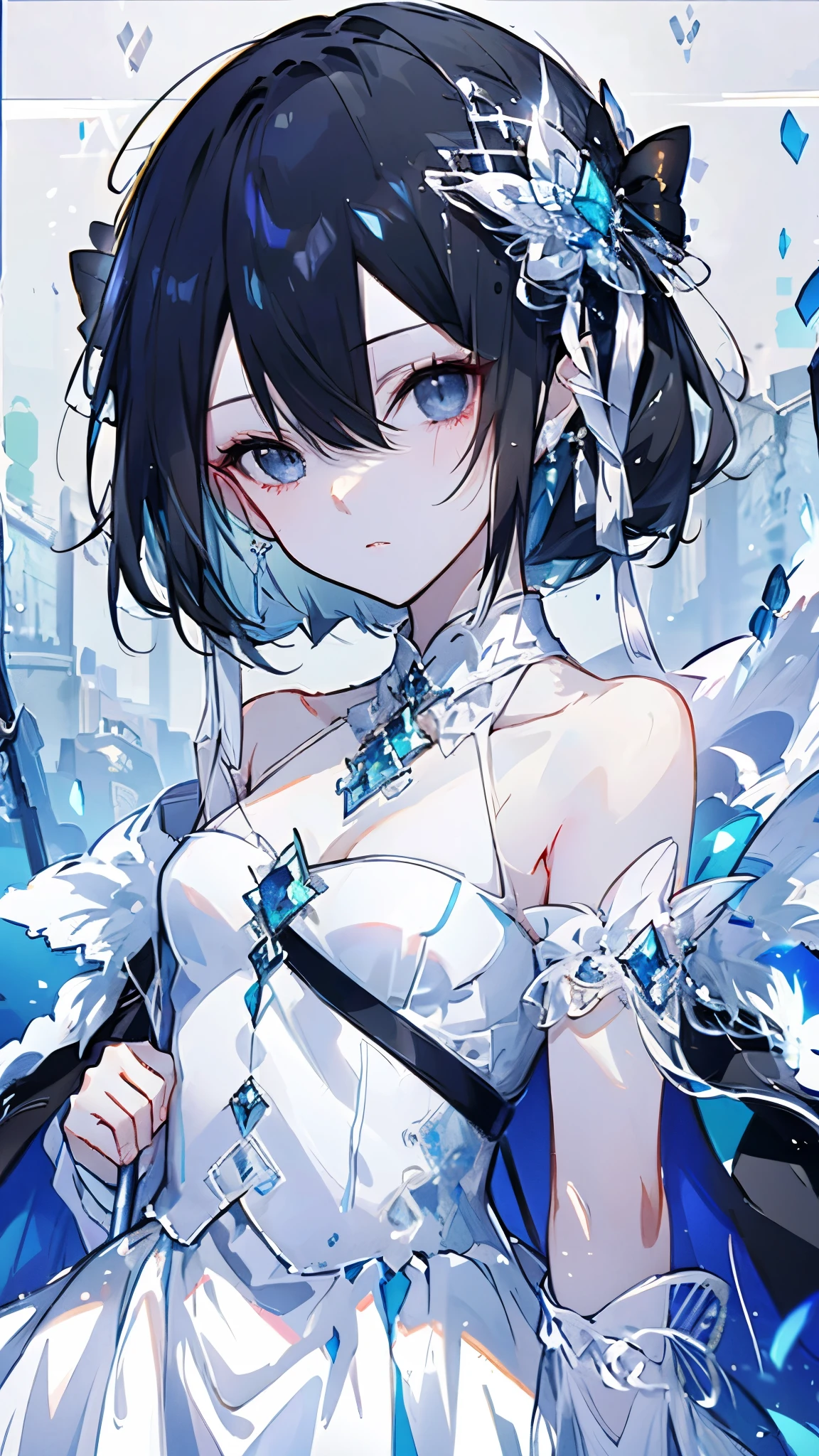 masterpiece,very aware,highres,absurdres,newest,best quality,high quality,loli,petite,chromatic_aberration, //, 1girl,solo,long hair,dress,looking at viewer,white eyes,glass,grey eyes,white dress,black hair,broken glass,flower,white theme,bare shoulders,blue theme,dress flower,glass shards,white flower,reaching,reaching towards viewer,water,parted lips,closed mouth,sleeveless,reflection,sleeveless dress,white rose,watermark,expressionless,black_background,small_breasts,cleavage, //, year_2023,year_2024,nasii:0.4),(toosaka asagi:0.4),(atdan:0.4),(iumu:0.72),(wlop:0.72),96YOTTEA,Konya Karasue,omone_hokoma_agm, //, official art,depth of field,detailed light,blurry background,best shadow,shiny skin,cinematic lighting,ray tracing, amazing quality,very aesthetic,absurdres,beast quality,ultra detailed,newest,8K,HDR,女桐人