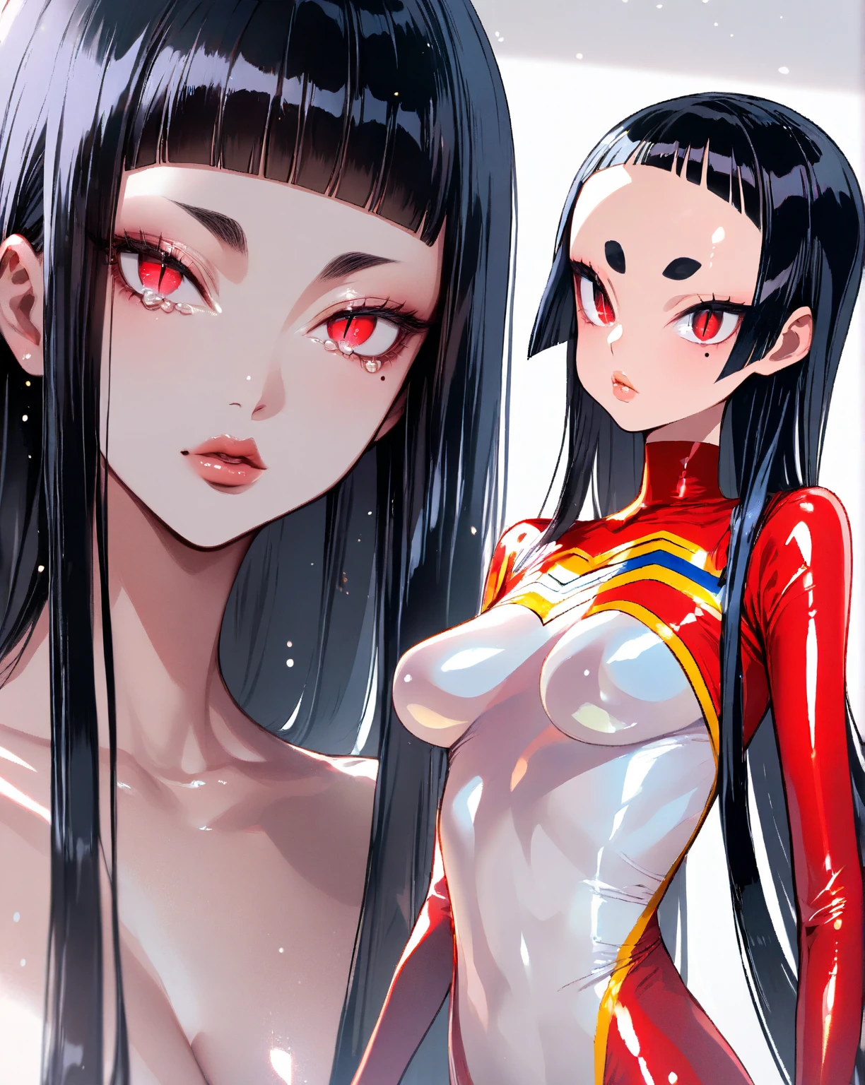 best quality, masterpiece, high definition, high resolution, 1girl, one-piece swimsuit, (wide hips:1.2), (bunny ears:1.2), simple red background, detailed face, (muscular female:0.8), cross, goth, emo, death_note, 