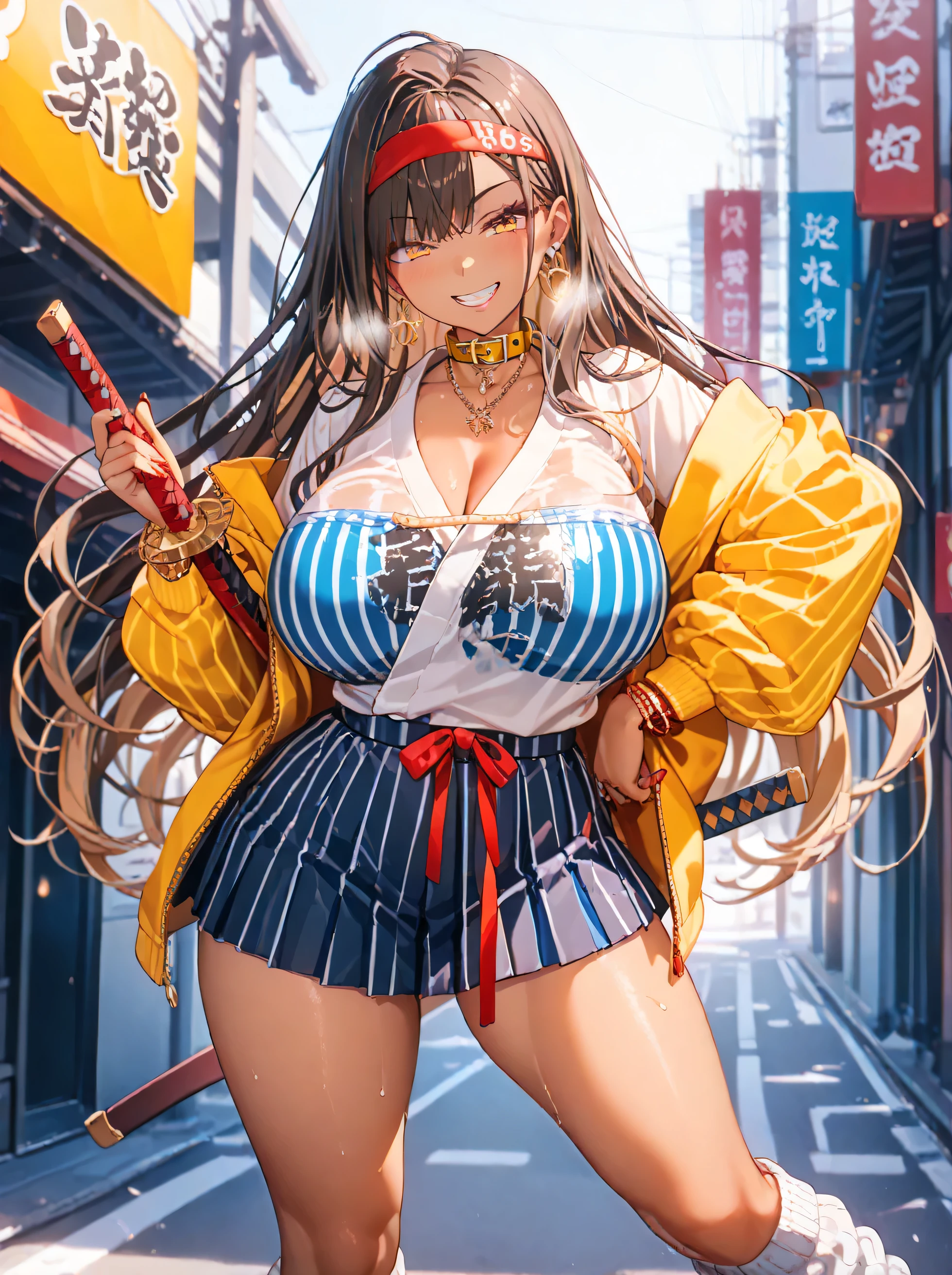 jacket partially removed, heart in eye, burnt clothes, holding fishing rod, kanji, doujin cover, pentagram, tape gag, adjusting headwear, red socks, friends, cloud print, coke-bottle glasses, oral invitation, competition school swimsuit,(masutepiece:1.3), (absurderes:1.3), (Best Quality:1.3), (Ultra-detailed:1.3),(Best Shadow:0.7), (Handle Hair), 1girl in, 1 boy、Ekiben、Looking up from your feet、SH1, large full breasts、 cleavage,yellow eyed blonde、asymmetrical bangs,