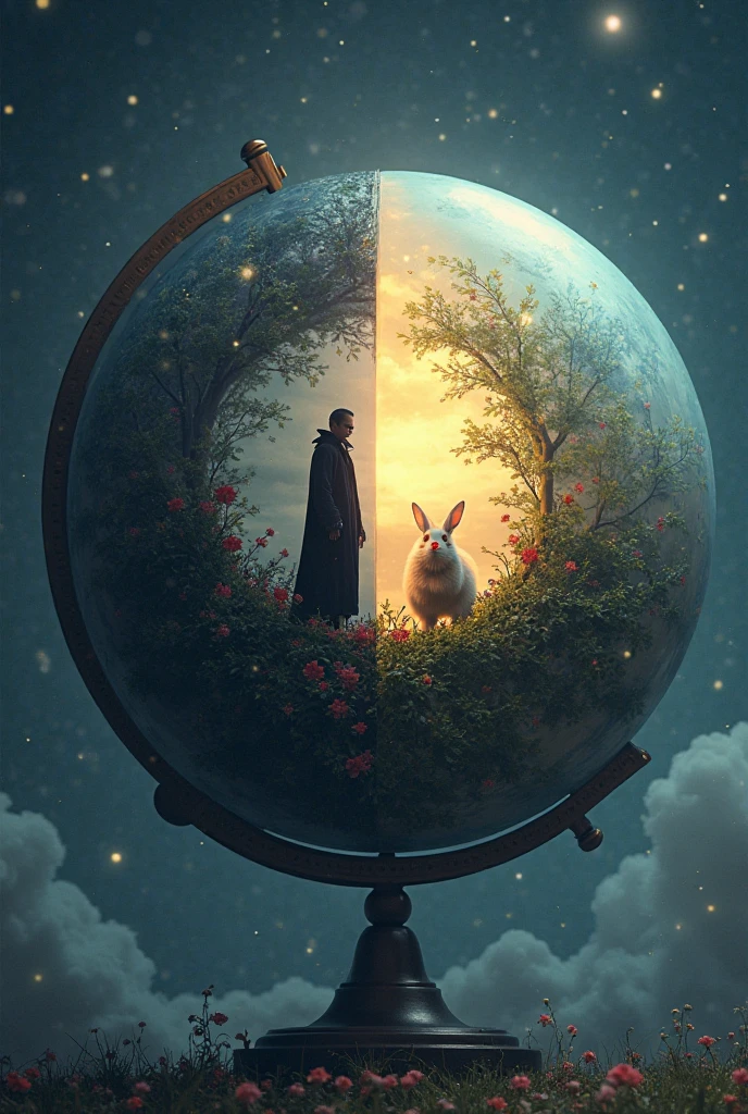 A globe that the half has the night with vampire and the other side is in daytime with bunny