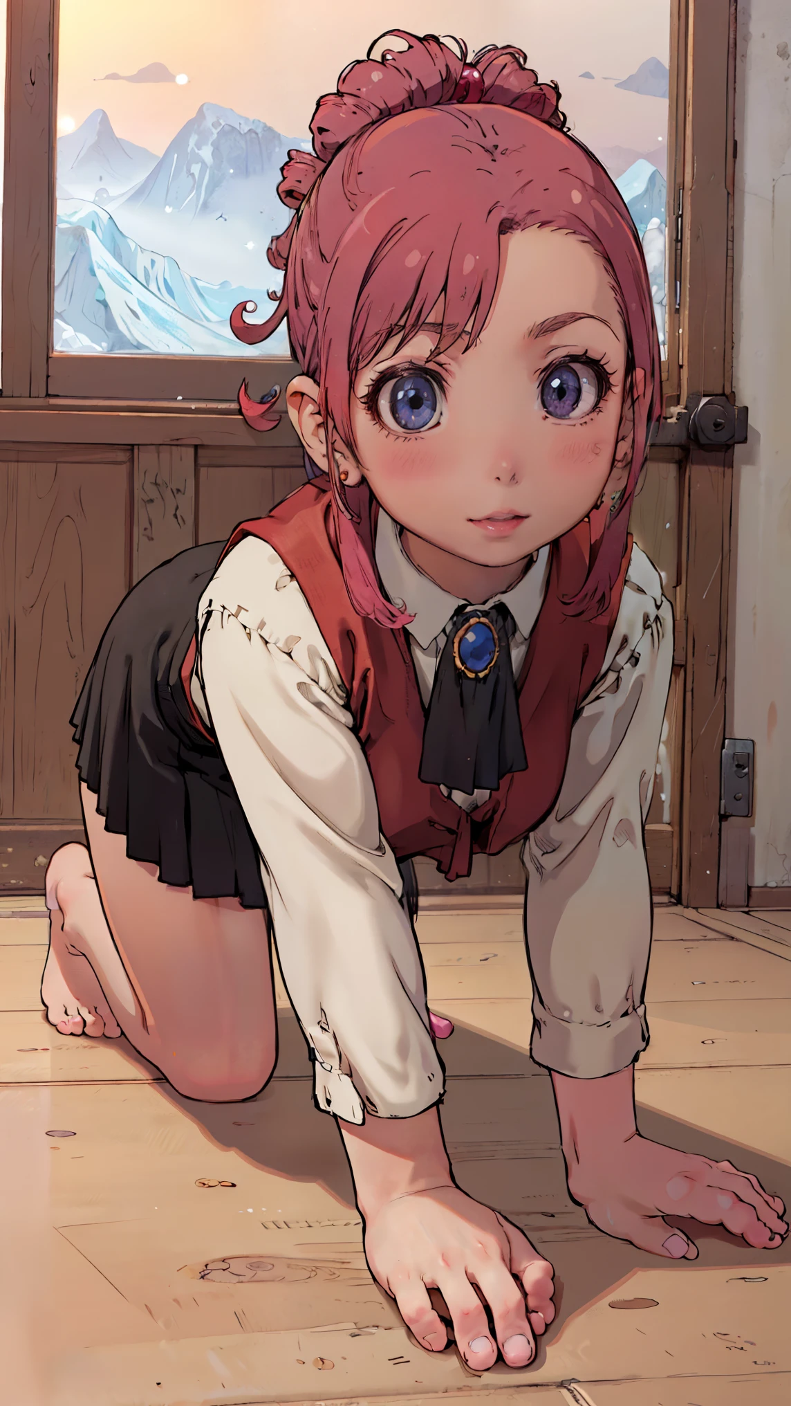((anime style))、upper body、 redhead、(female1people々)、若いfemale、beautiful長い脚、beautiful体、beautiful鼻、Completely、completely complete、 perfect legs、perfect balance、(beautiful、big on the floor:1.4)、big ass, thigh, (beautiful顔:1.5)、(thin waist)、Perfect Lighting、colorful、bright front light、Glowing Skin、 (masterpiece:1.0)、((high resolution))、((Top Quality))、((4K))、( real color )、(anatomically correct hand)、( correct handshake)、(Accurate feet)、break、side lock Glacier、brooch、 jewelry、Ascot、Red Vest、miniskirt、break、 black skirt、long sleeve、glass、break、(on the bed)、(on all fours), break、pretty face, smile, eye wrinkles