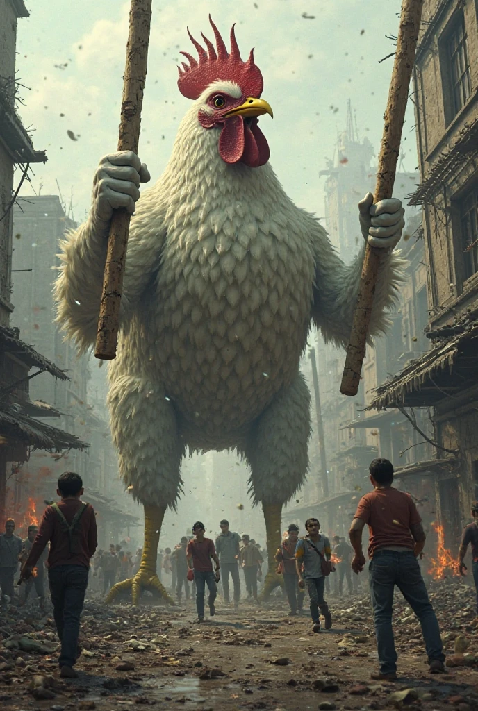 Moxxie female. Ape hybrid. Huge tits. bare feet. Huge feet. Red hairy body. Ruined City. Standing.