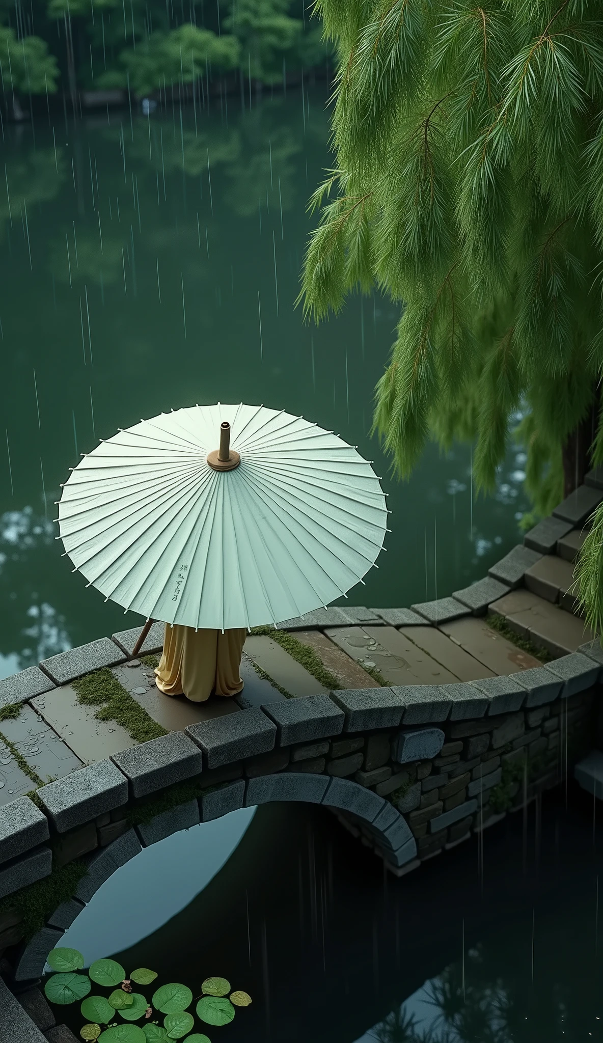 Overlooking，From above，Telephoto，A traditional oiled paper umbrella，The white oiled paper umbrella has a light dark green color，umbrella shows only half to form a semicircular shape，The other half is a grey stone bridge，and a few pieces of duckweed floating in the river，There are a few weeping willows on the side，willow leaf，Oriental Aesthetics，rain，Rain falls in the air，Dark green，Professional lighting，Ultra High Resolution，8K Ultra HD only，cinematic graphics，Golden Ratio Composition，best quality，masterpiece

