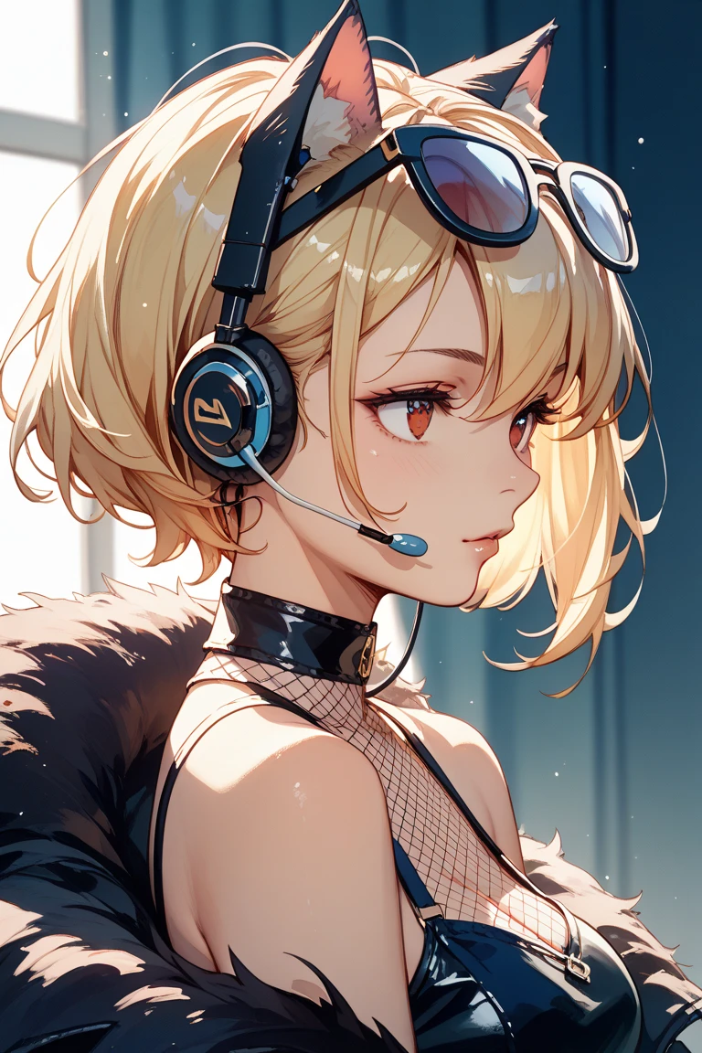 score_9, score_8_up, score_7_up, source_anime, rating questionable, arms at her side, <lora:maxwell-nikke-richy-v1_pdxl:.95> maxwell, blonde hair, short hair, sidelocks, blue eyes, hair ornament, bandaid on face, headset, earrings, choker, black sports bra, cleavage, large breasts, white jacket, fur trim, grey gloves, mechanical legs,