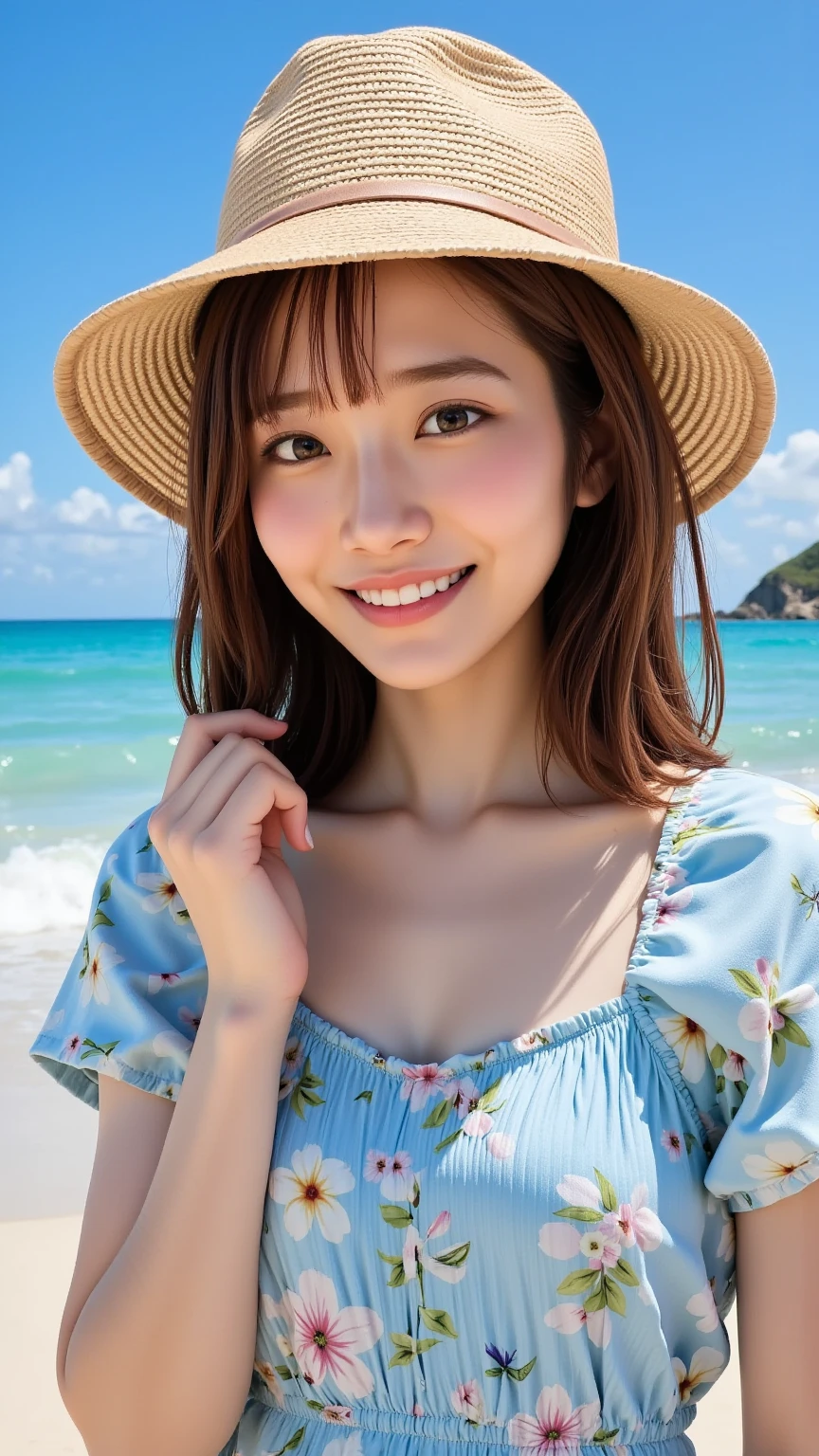 (Highest quality, taken with a DSLR, 8k, top quality, high resolution, highest quality, highest resolution, very beautiful woman, perfect anatomy), light brown eyes, very light brown eyes, small diamond-shaped earrings, looking at the camera, beautiful brown hair, ((baby face, loose and cute medium ponytail)), very short and beautiful bangs with brown hair, E-cup chest, beautiful 20-year-old, lip gloss, smiling very happily, very cute smile, upper teeth, beautiful teeth, (random summer beautiful sea or pool horizon (background only), slightly larger eyes, small face, tall supermodel, beautifully toned model, random cute poses, dynamic angle, eye focus, head tilt, very detailed and realistic, very beautiful 20-year-old, ((medium shot)), sharp jawline, ((white gingham check dress, straw hat)), deep waist, sexy legs, side view, smiling very happily, laughing, summer day