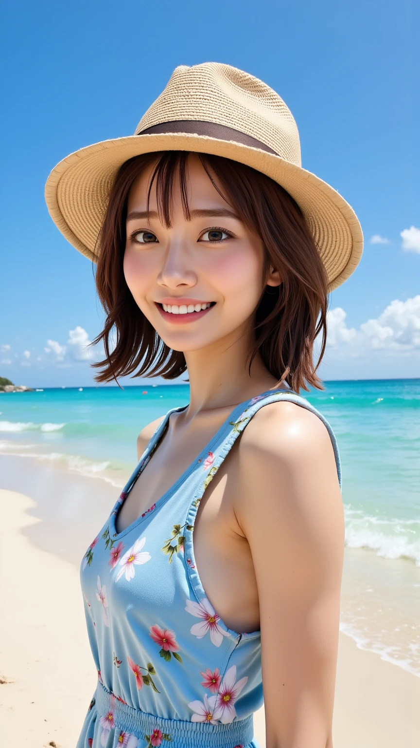 closeup shot , Best picture quality (8K, high resolution, Masterpiece: 1.2), super detailed, 215 Short Hair, 16-year-old woman,
situation: While sitting on the beach、A woman holding a soft serve ice cream and looking at the sea。
clothing: White summer dress、straw hat、Sandals。
angle:
Close-up: Hands holding soft serve ice cream、A detailed look at a smiling face。
Detailed depiction: Blue sea and sky in the background、Sandy beach texture background、Emphasizing the freshness of summer。
Emotional moment: A happy expression after taking a bite of soft serve ice cream、Capture the moment when your hair flutters in the ocean breeze。
, Close-up of face :1.5
, random cute pose ,big eyes ,Puffy eyes Heart Pupil, blush , huge shy smile , salute