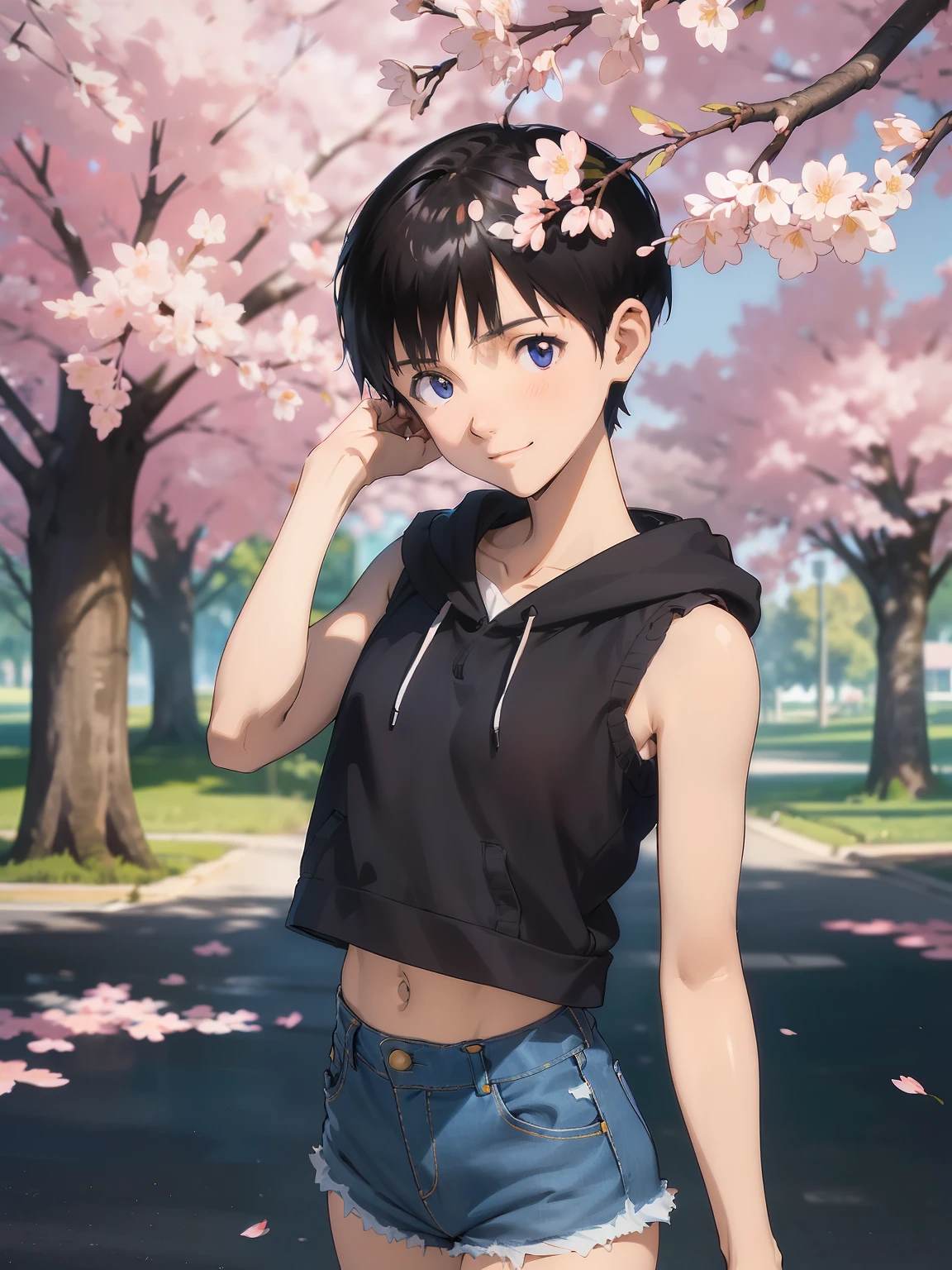 ((Shinji Ikari)), (1 very young boy), cute, handsome, (shiny black short hair straight hair), ((pixie cut)), (large eyes, clear eyes), smile, (flat chest), (white sleeveless hoodie), ((rough textured dark denim shorts)), standing, looking at viewer, (very detailed eyes), (detailed hair), (detailed face), (colorful), 8k, (masterpiece), absurd-resolution, ultla highres, (detailed shading), (A park in spring with many cherry blossoms and cherry blossom trees in full bloom), (Dynamic pose, dynamic angle)